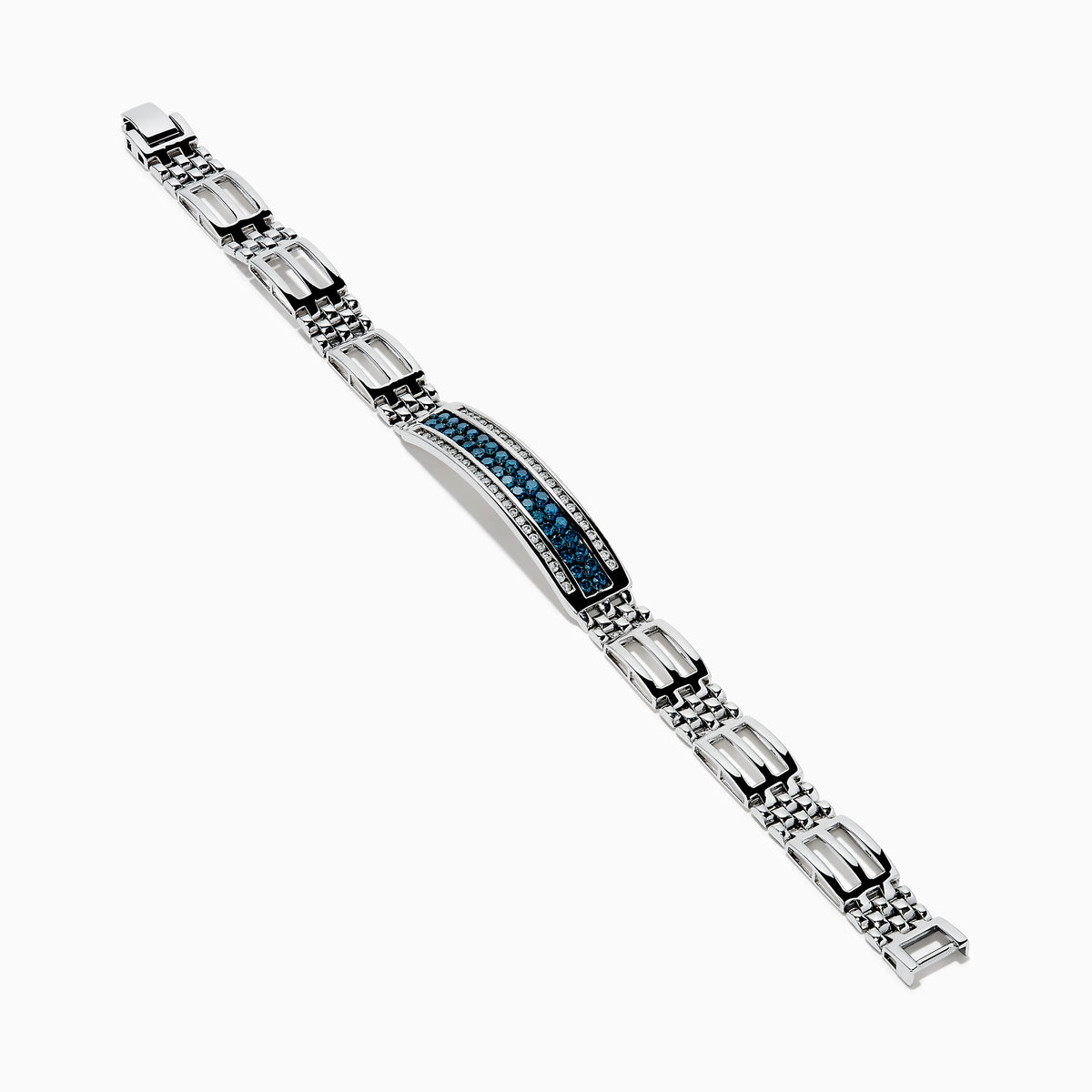 The Men's 14K White Gold Blue and White Diamond Linked Bracelet features geometric links and a rectangular center plate adorned with two rows of blue and white diamonds, accented by clear stones.