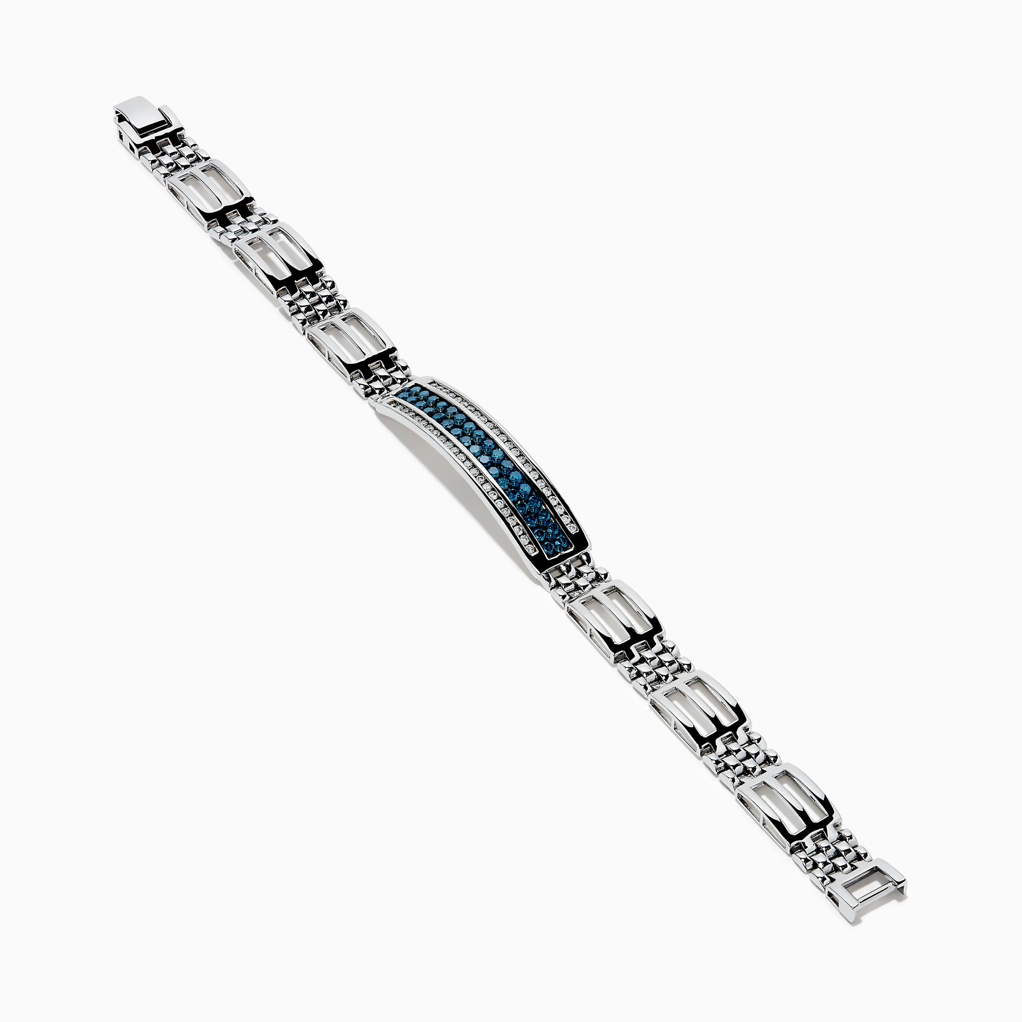The Men's 14K White Gold Blue and White Diamond Linked Bracelet features geometric links and a rectangular center plate adorned with two rows of blue and white diamonds, accented by clear stones.