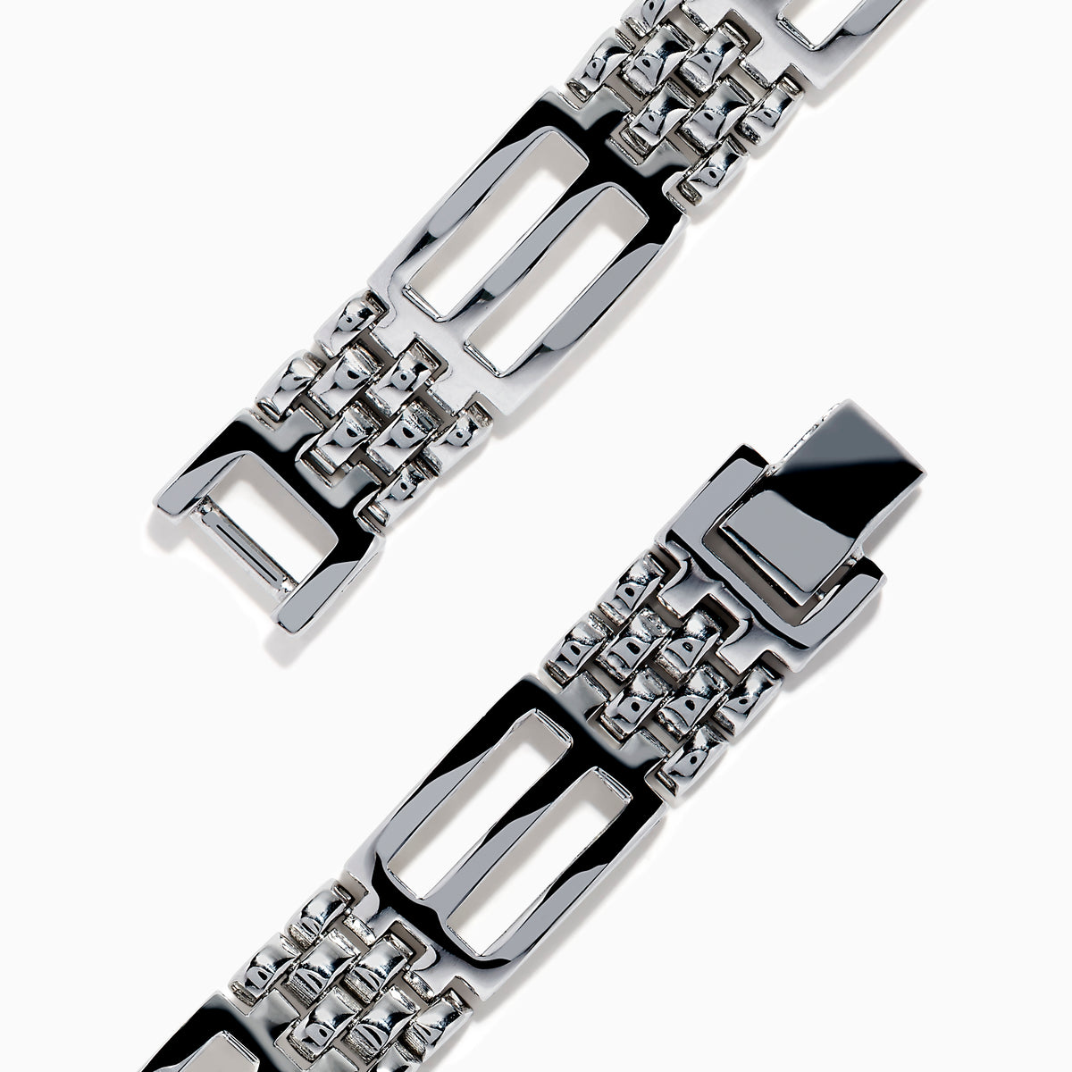 The Men's 14K White Gold Blue and White Diamond Linked Bracelet features geometric links and a rectangular center plate adorned with two rows of blue and white diamonds, accented by clear stones.