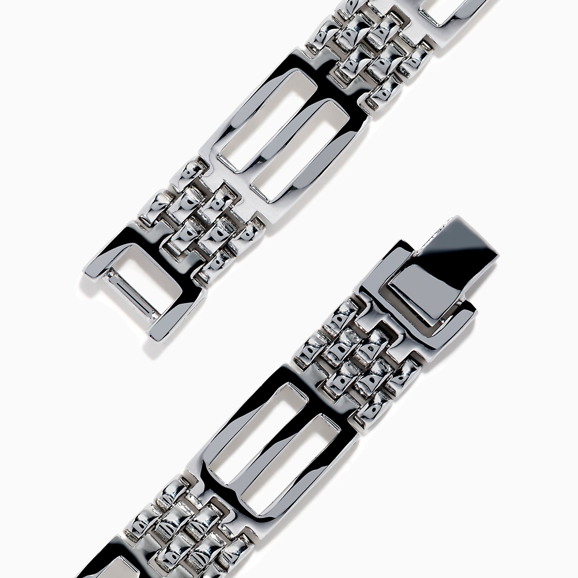 The Men's 14K White Gold Blue and White Diamond Linked Bracelet features geometric links and a rectangular center plate adorned with two rows of blue and white diamonds, accented by clear stones.