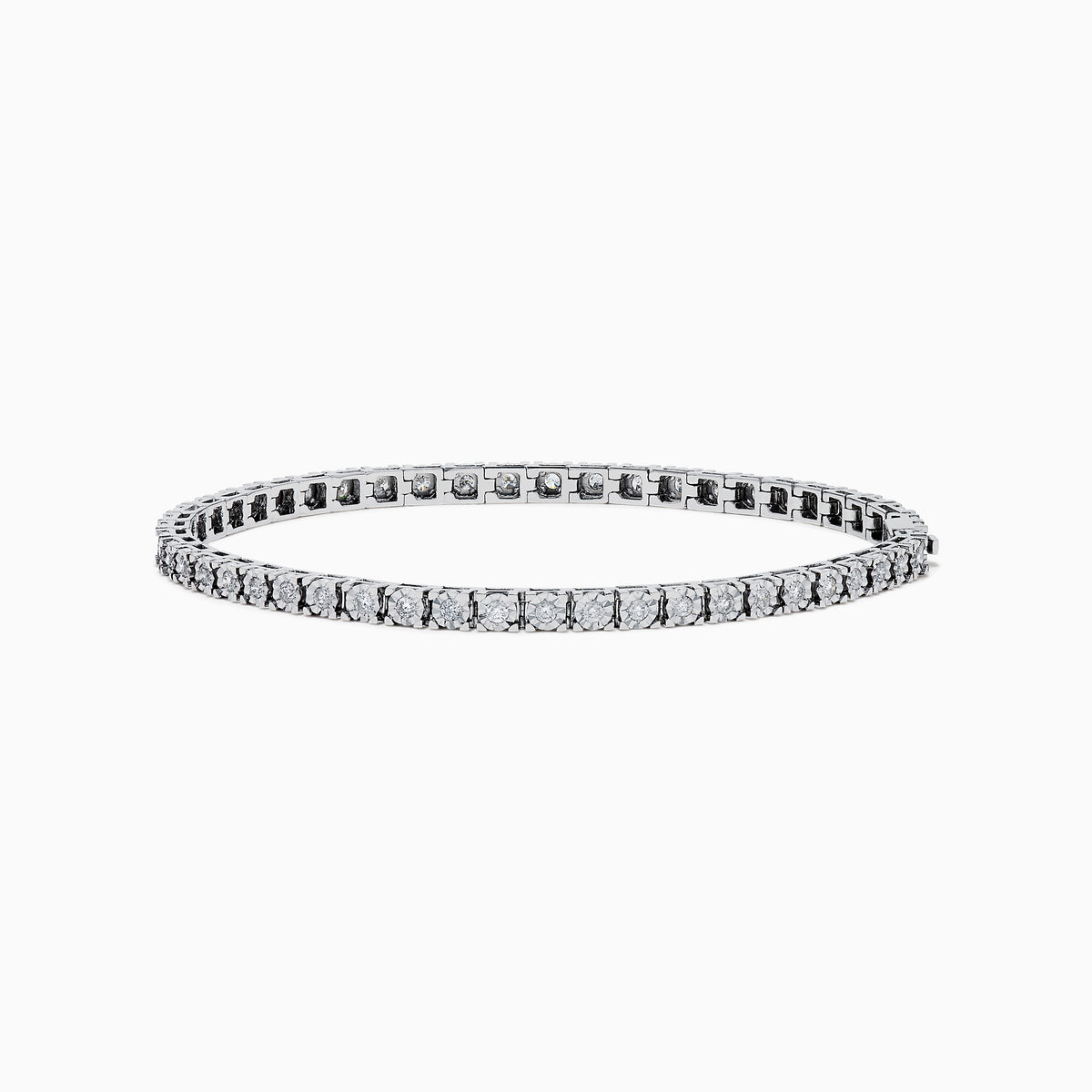 The 14K White Gold Diamond Miracle Setting 1.00ct Tennis Bracelet features a continuous row of round, sparkling white diamonds set in a slim, polished 14K white gold band and is displayed on a white background.