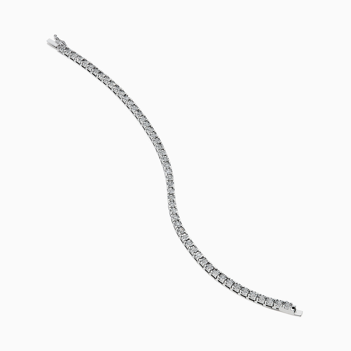 The 14K White Gold Diamond Miracle Setting 1.00ct Tennis Bracelet features a continuous row of round, sparkling white diamonds set in a slim, polished 14K white gold band and is displayed on a white background.