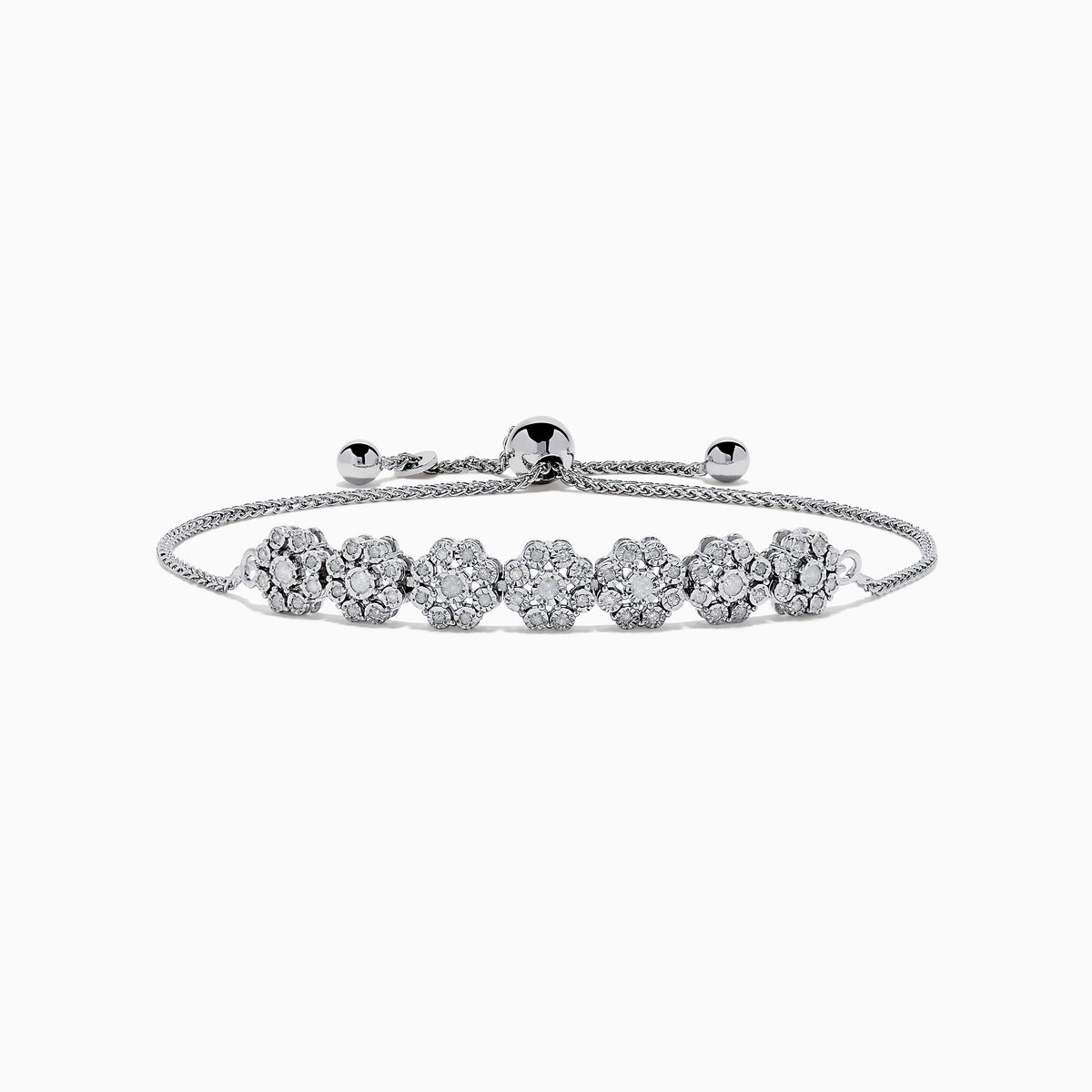 The 925 Sterling Silver Diamond Bouquet Bolo Bracelet features sparkling flower-shaped diamond clusters and an adjustable sliding clasp for a perfect fit.