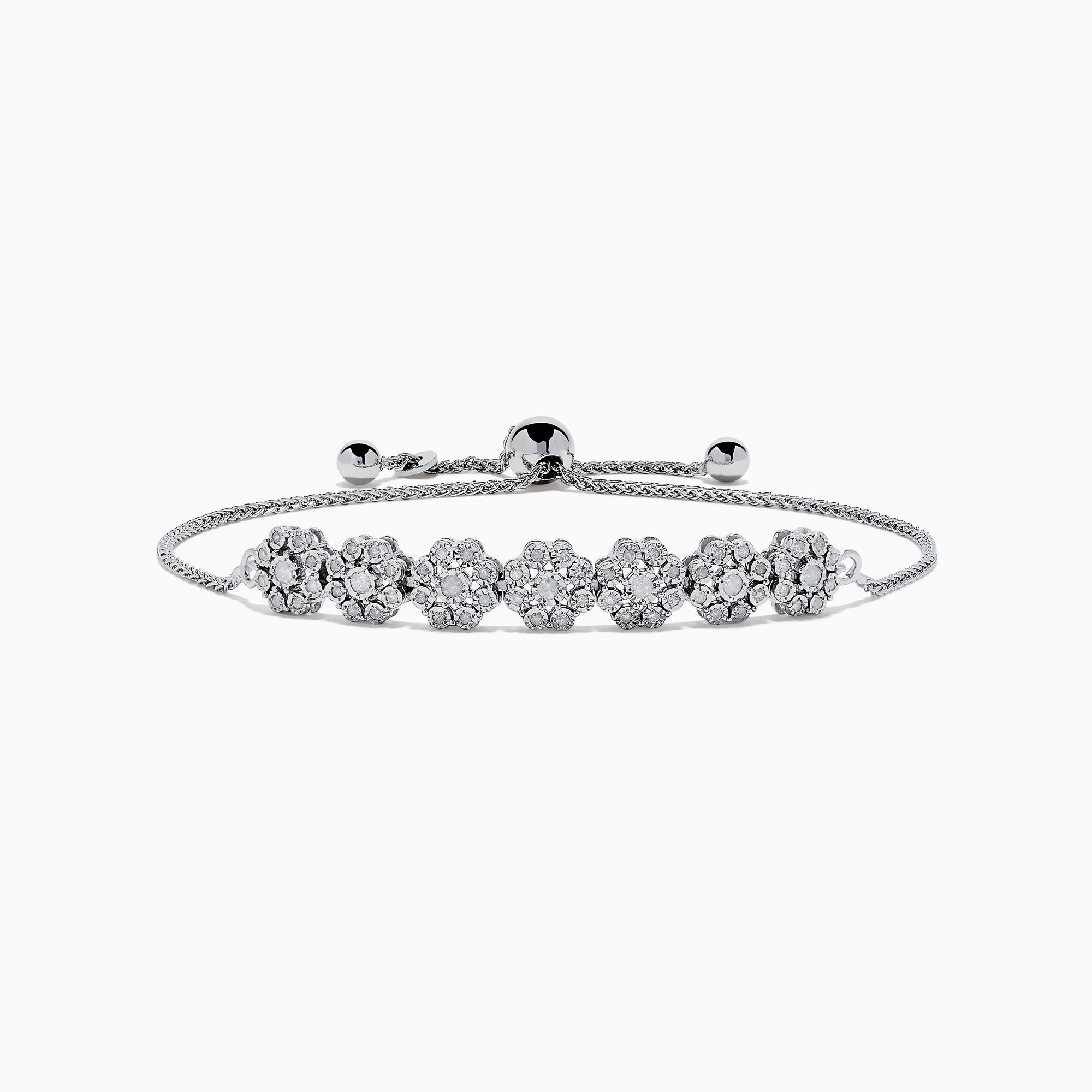 The 925 Sterling Silver Diamond Bouquet Bolo Bracelet features sparkling flower-shaped diamond clusters and an adjustable sliding clasp for a perfect fit.