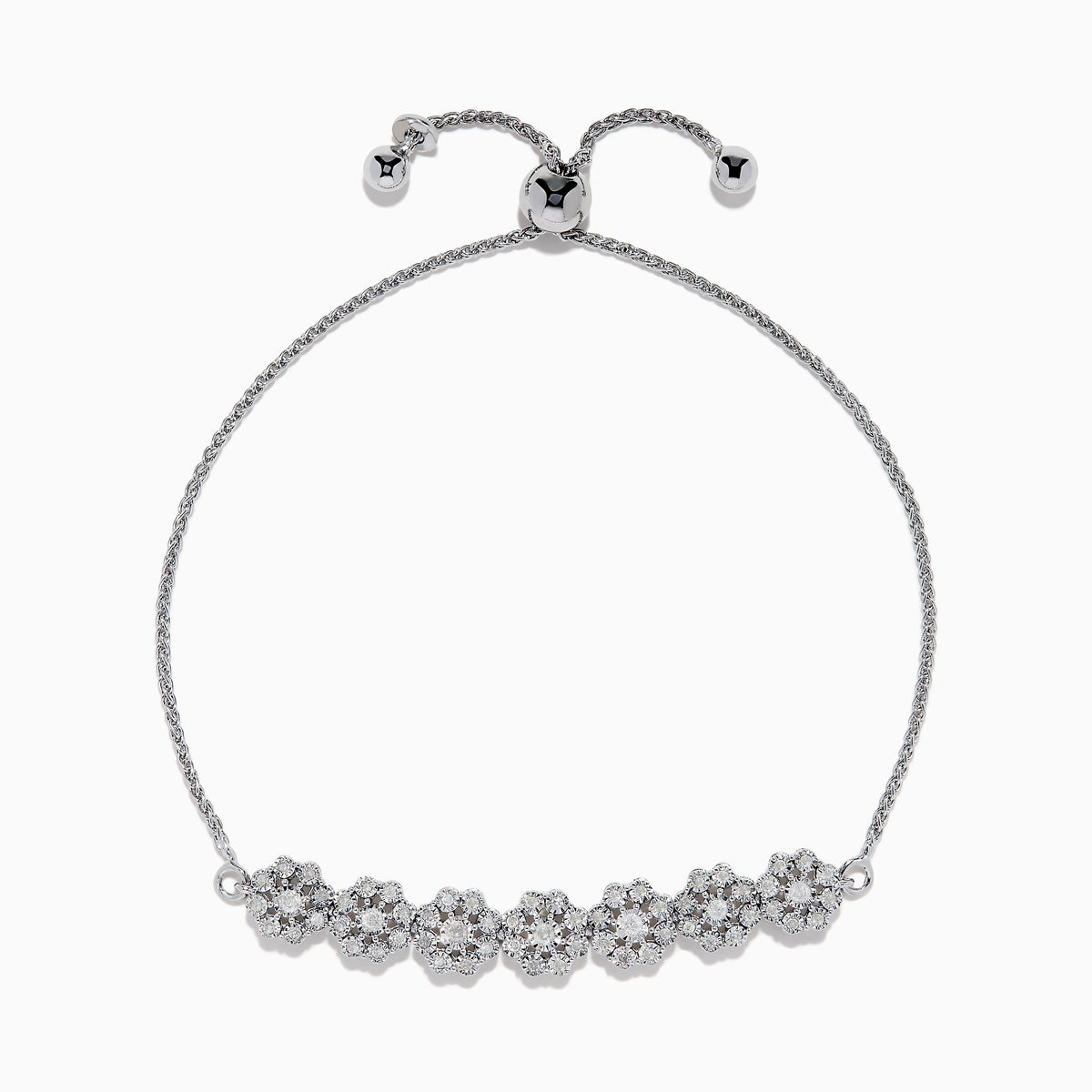The 925 Sterling Silver Diamond Bouquet Bolo Bracelet features sparkling flower-shaped diamond clusters and an adjustable sliding clasp for a perfect fit.