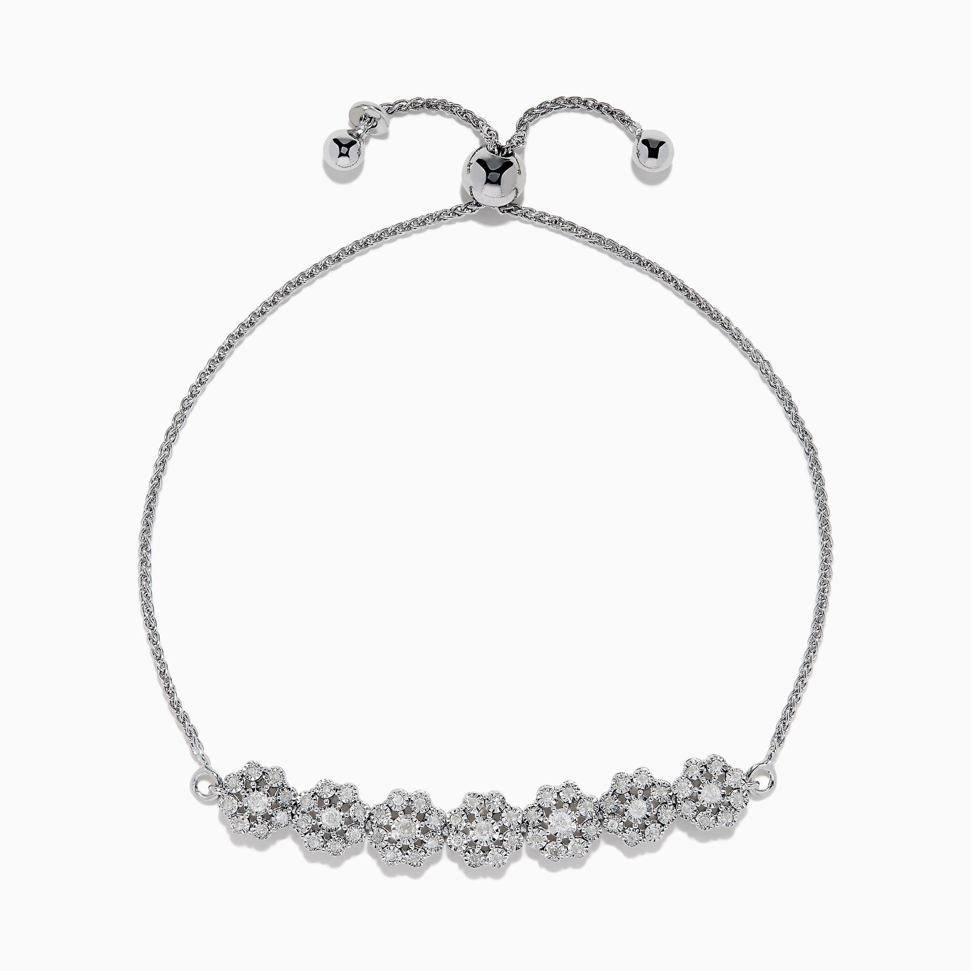 The 925 Sterling Silver Diamond Bouquet Bolo Bracelet features sparkling flower-shaped diamond clusters and an adjustable sliding clasp for a perfect fit.