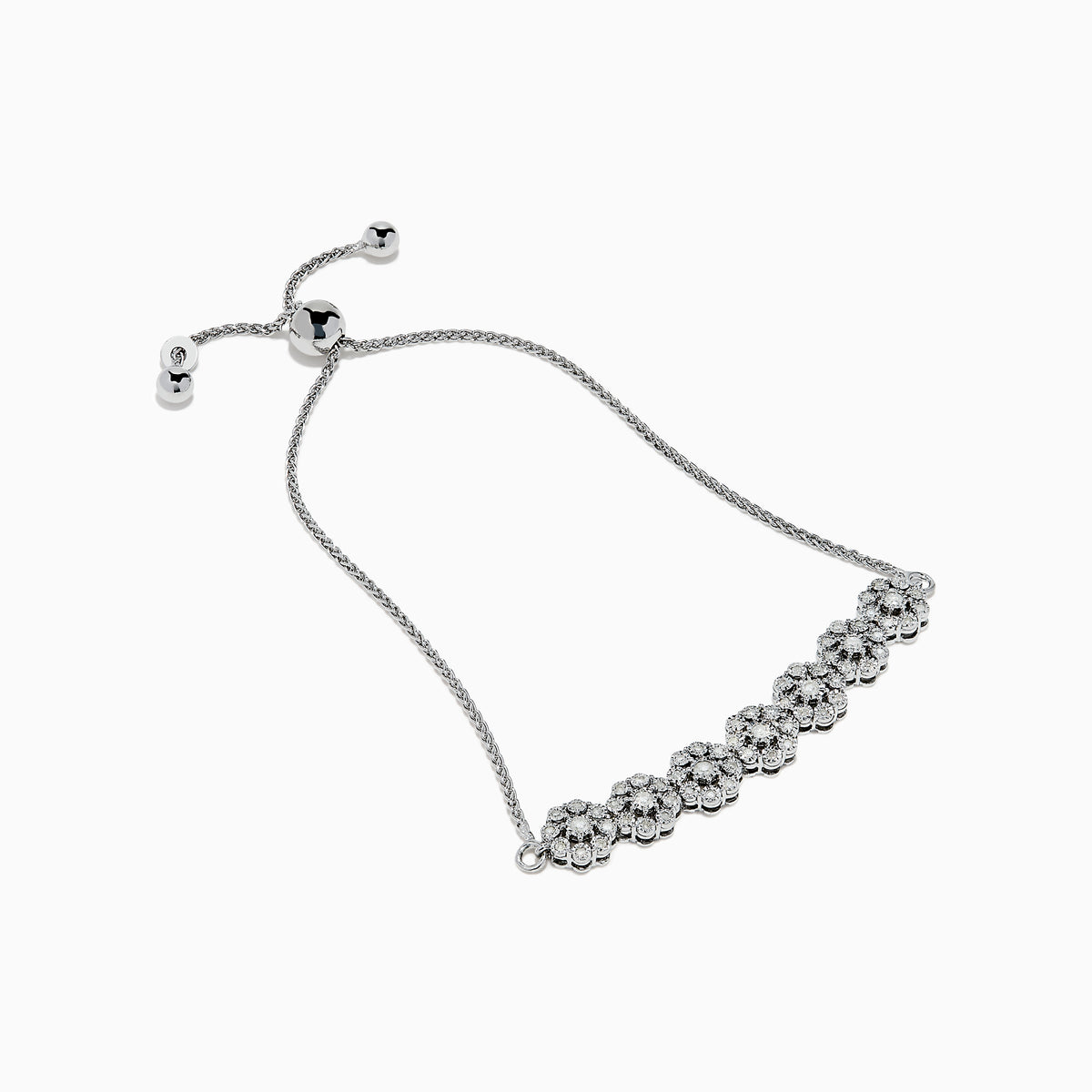 The 925 Sterling Silver Diamond Bouquet Bolo Bracelet features sparkling flower-shaped diamond clusters and an adjustable sliding clasp for a perfect fit.