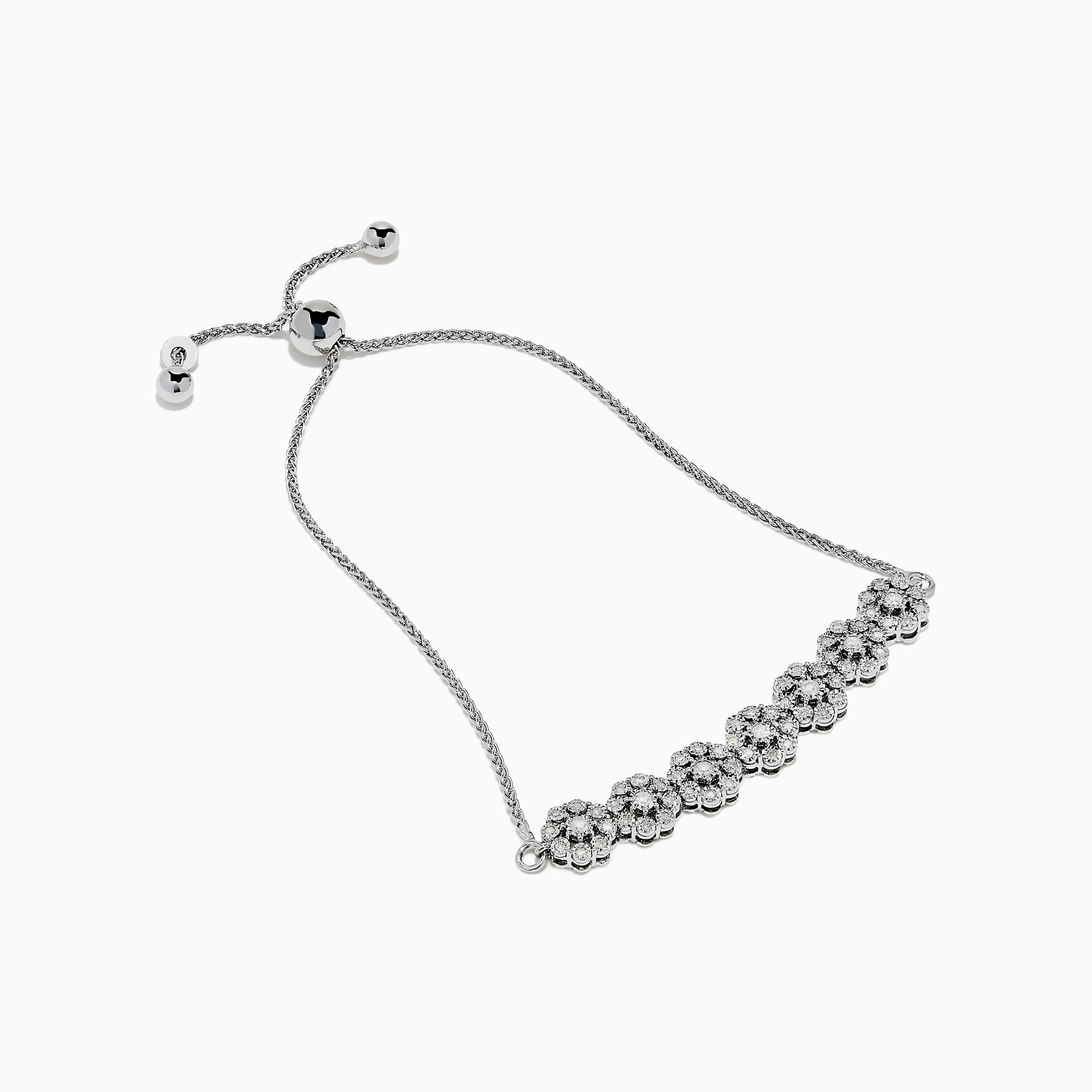 The 925 Sterling Silver Diamond Bouquet Bolo Bracelet features sparkling flower-shaped diamond clusters and an adjustable sliding clasp for a perfect fit.
