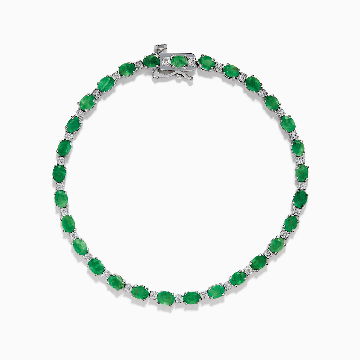 The 925 Sterling Silver Emerald and Diamond Tennis Bracelet features a continuous row of oval green gemstones and diamonds, each prong-set for elegance, reminiscent of an emerald bracelet, displayed on a white background.