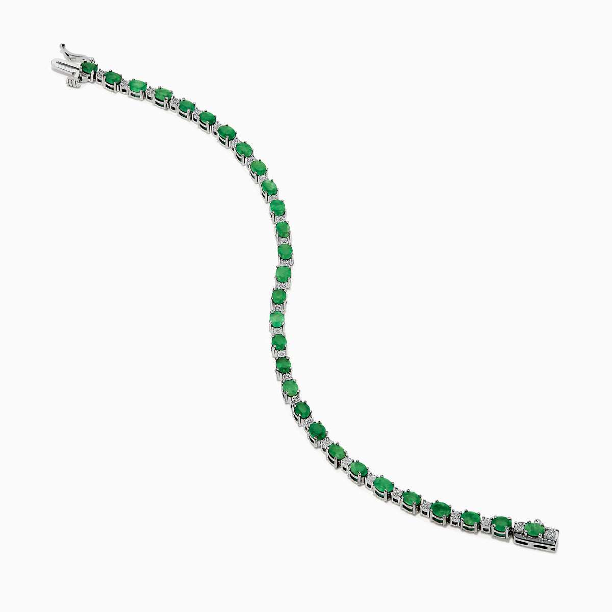The 925 Sterling Silver Emerald and Diamond Tennis Bracelet features a continuous row of oval green gemstones and diamonds, each prong-set for elegance, reminiscent of an emerald bracelet, displayed on a white background.