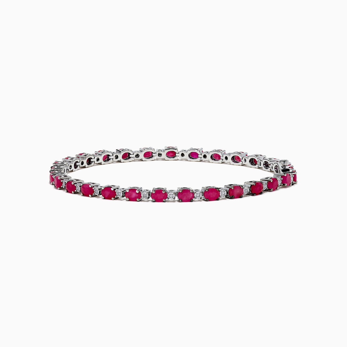 The 925 Sterling Silver Ruby and Diamond Tennis Bracelet features a continuous row of round rubies and diamonds in prong settings, elegantly displayed in a circular shape against a white background.