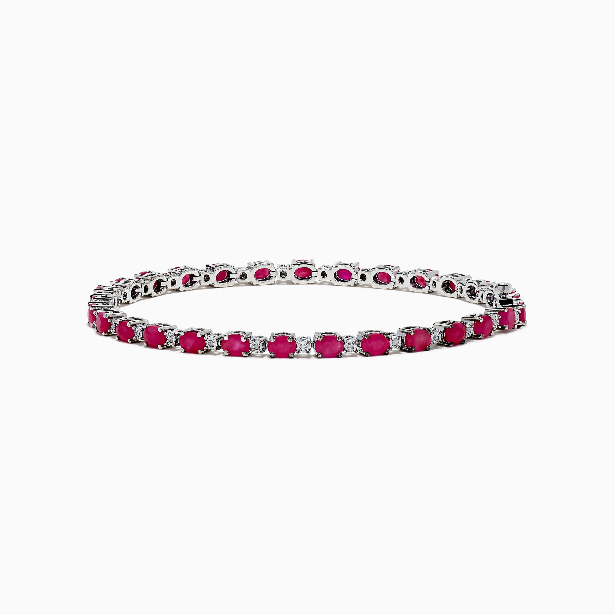 The 925 Sterling Silver Ruby and Diamond Tennis Bracelet features a continuous row of round rubies and diamonds in prong settings, elegantly displayed in a circular shape against a white background.