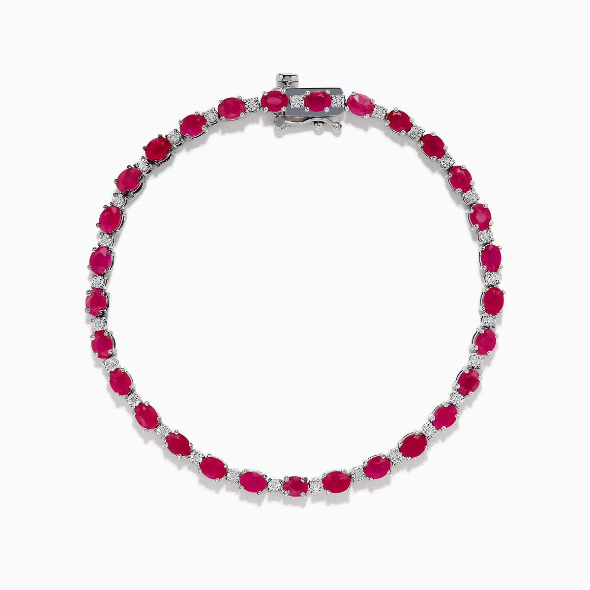 The 925 Sterling Silver Ruby and Diamond Tennis Bracelet features a continuous row of round rubies and diamonds in prong settings, elegantly displayed in a circular shape against a white background.