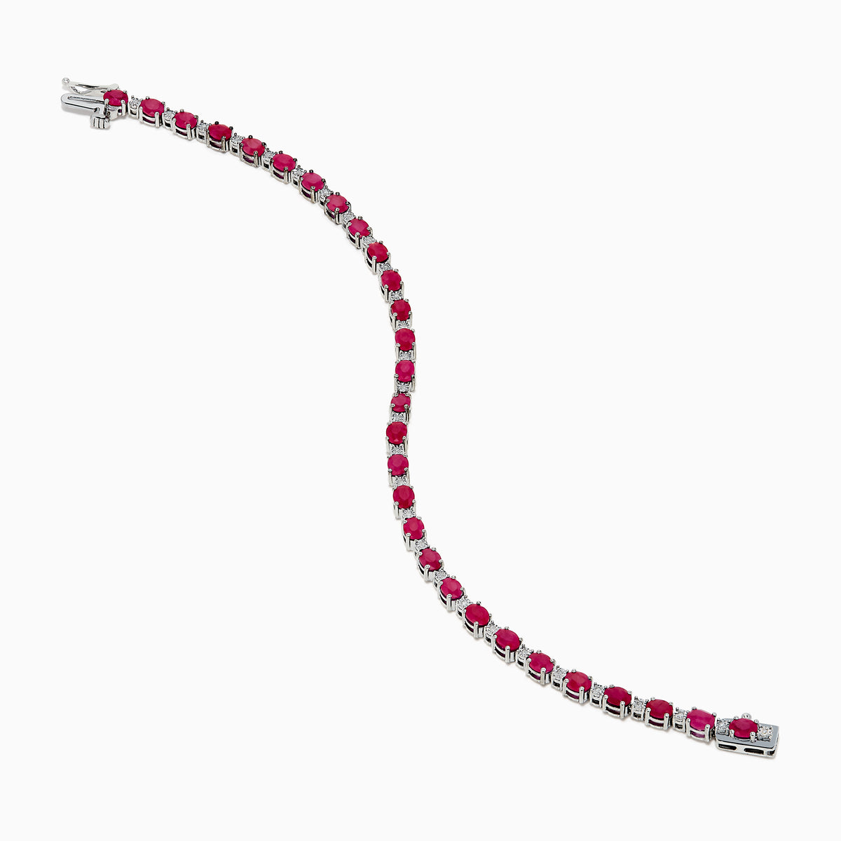 The 925 Sterling Silver Ruby and Diamond Tennis Bracelet features a continuous row of round rubies and diamonds in prong settings, elegantly displayed in a circular shape against a white background.