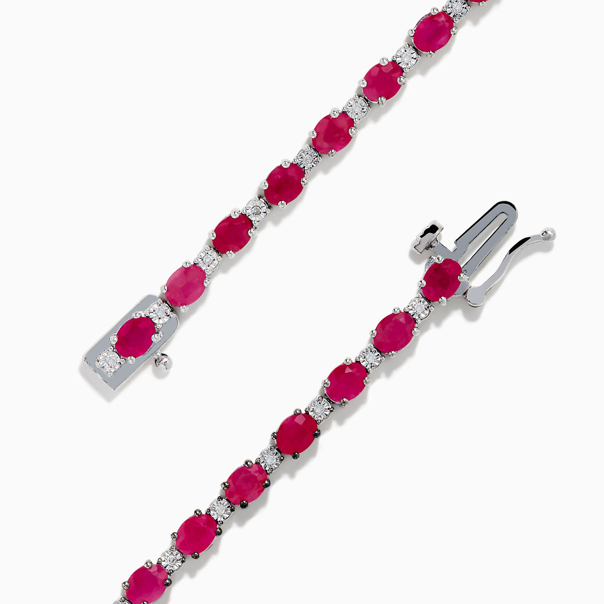 The 925 Sterling Silver Ruby and Diamond Tennis Bracelet features a continuous row of round rubies and diamonds in prong settings, elegantly displayed in a circular shape against a white background.