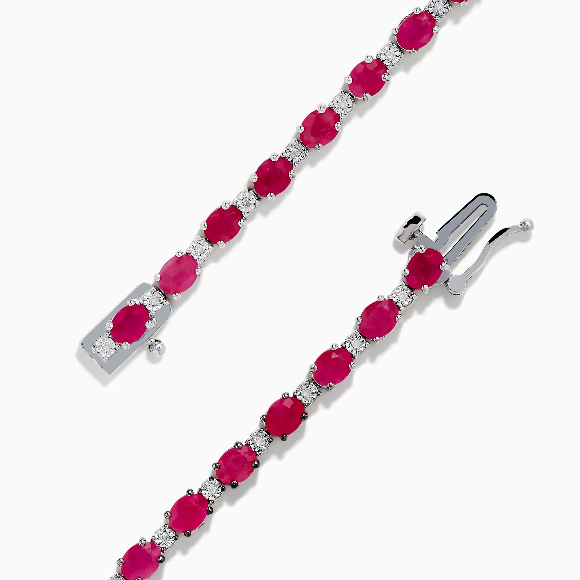 The 925 Sterling Silver Ruby and Diamond Tennis Bracelet features a continuous row of round rubies and diamonds in prong settings, elegantly displayed in a circular shape against a white background.