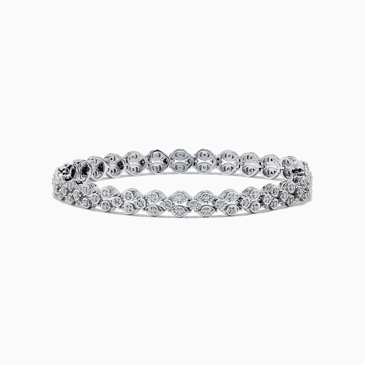 The 925 Sterling Silver Diamond Cluster Tennis Bracelet showcases two rows of round, sparkling diamonds in a repeating cluster pattern, displayed on a white background.
