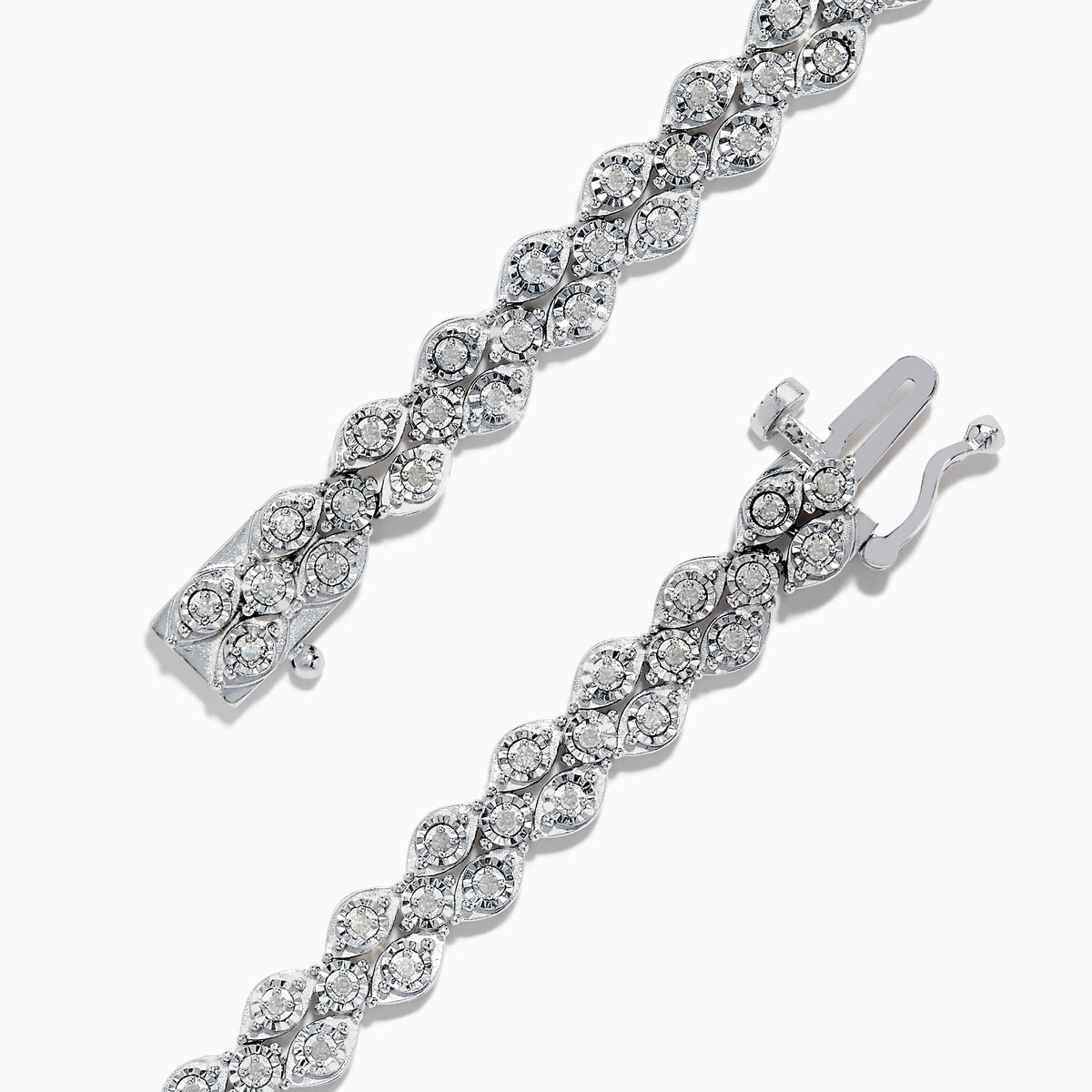 The 925 Sterling Silver Diamond Cluster Tennis Bracelet showcases two rows of round, sparkling diamonds in a repeating cluster pattern, displayed on a white background.