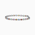The 925 Sterling Silver Multi Sapphire and Diamond Bezel Bracelet features round, bezel-set multicolored sapphires and diamonds evenly spaced along the band, shown on a white background.