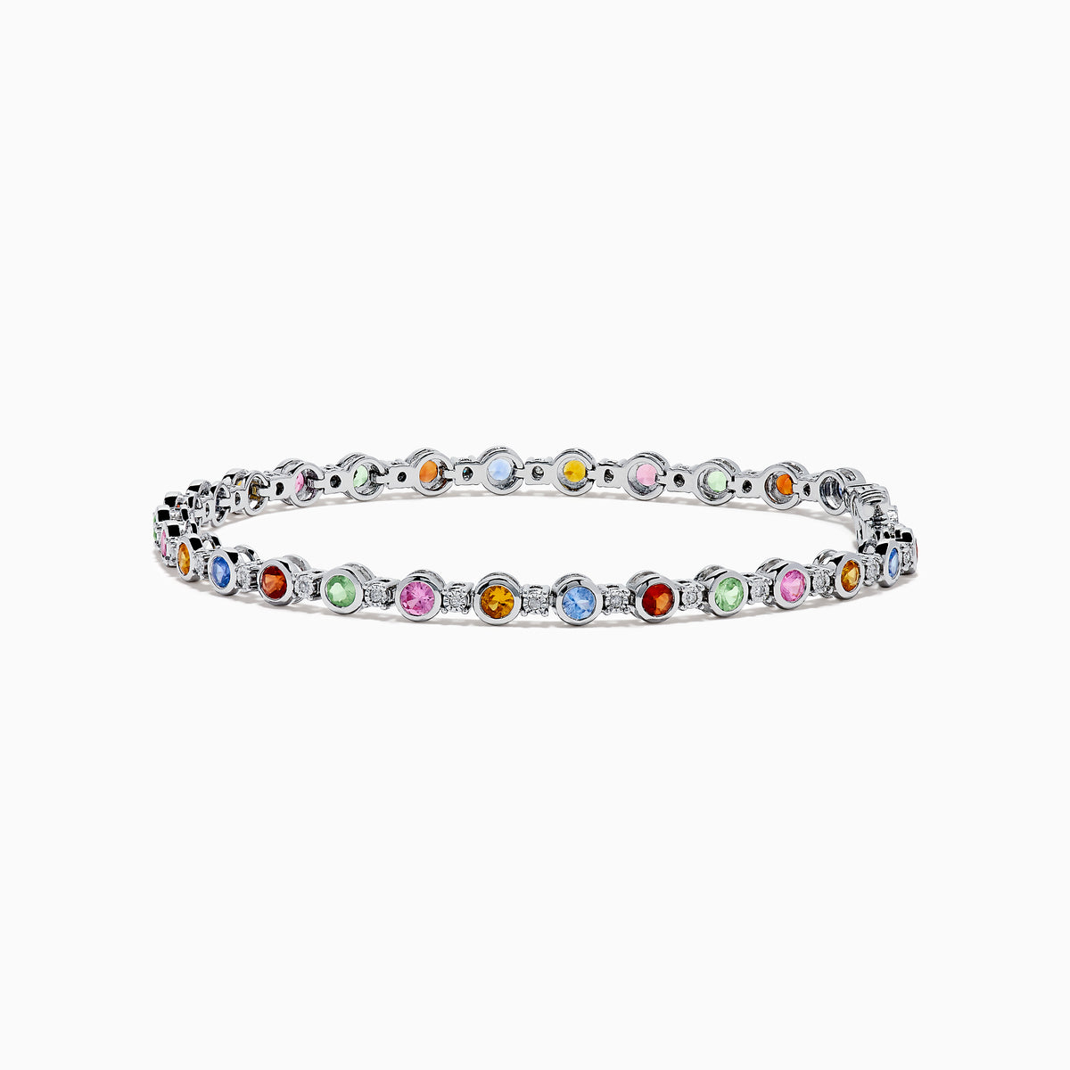 The 925 Sterling Silver Multi Sapphire and Diamond Bezel Bracelet features round, bezel-set multicolored sapphires and diamonds evenly spaced along the band, shown on a white background.