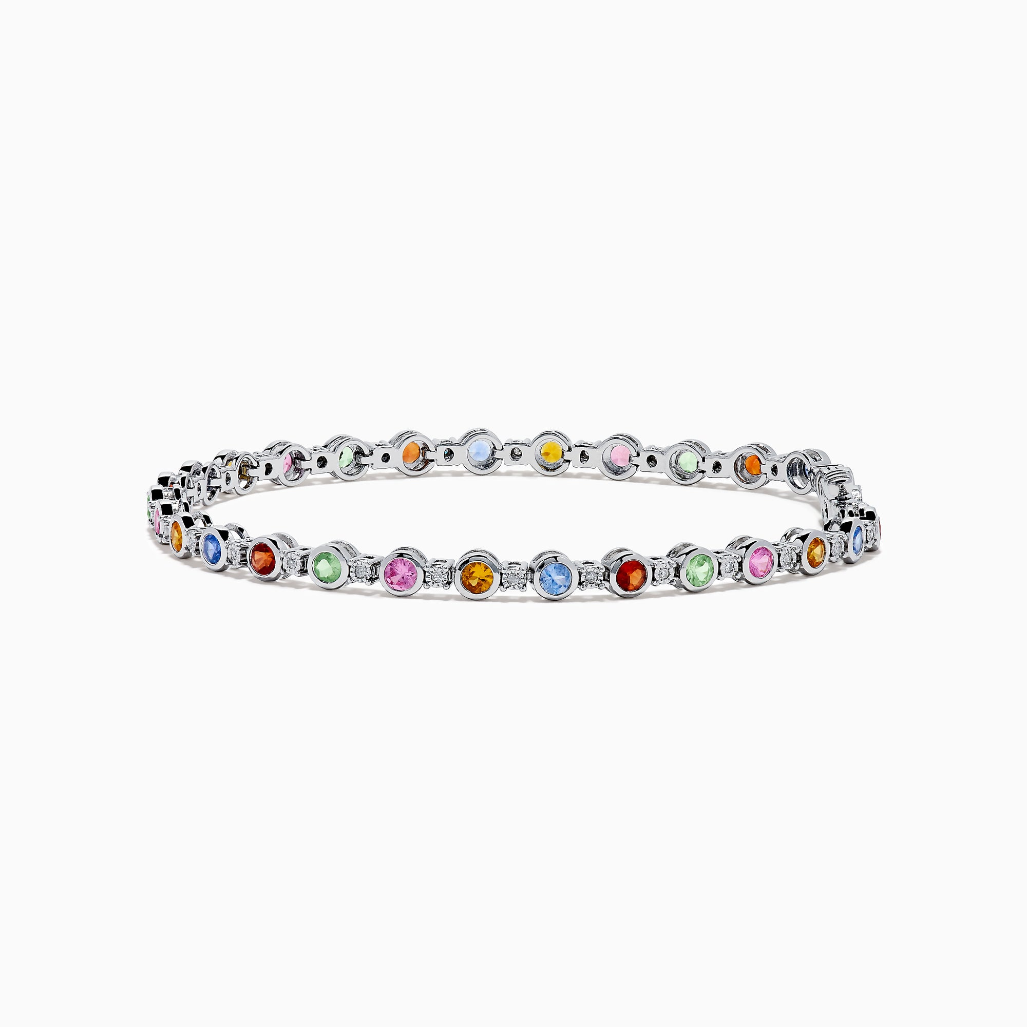 The 925 Sterling Silver Multi Sapphire and Diamond Bezel Bracelet features round, bezel-set multicolored sapphires and diamonds evenly spaced along the band, shown on a white background.