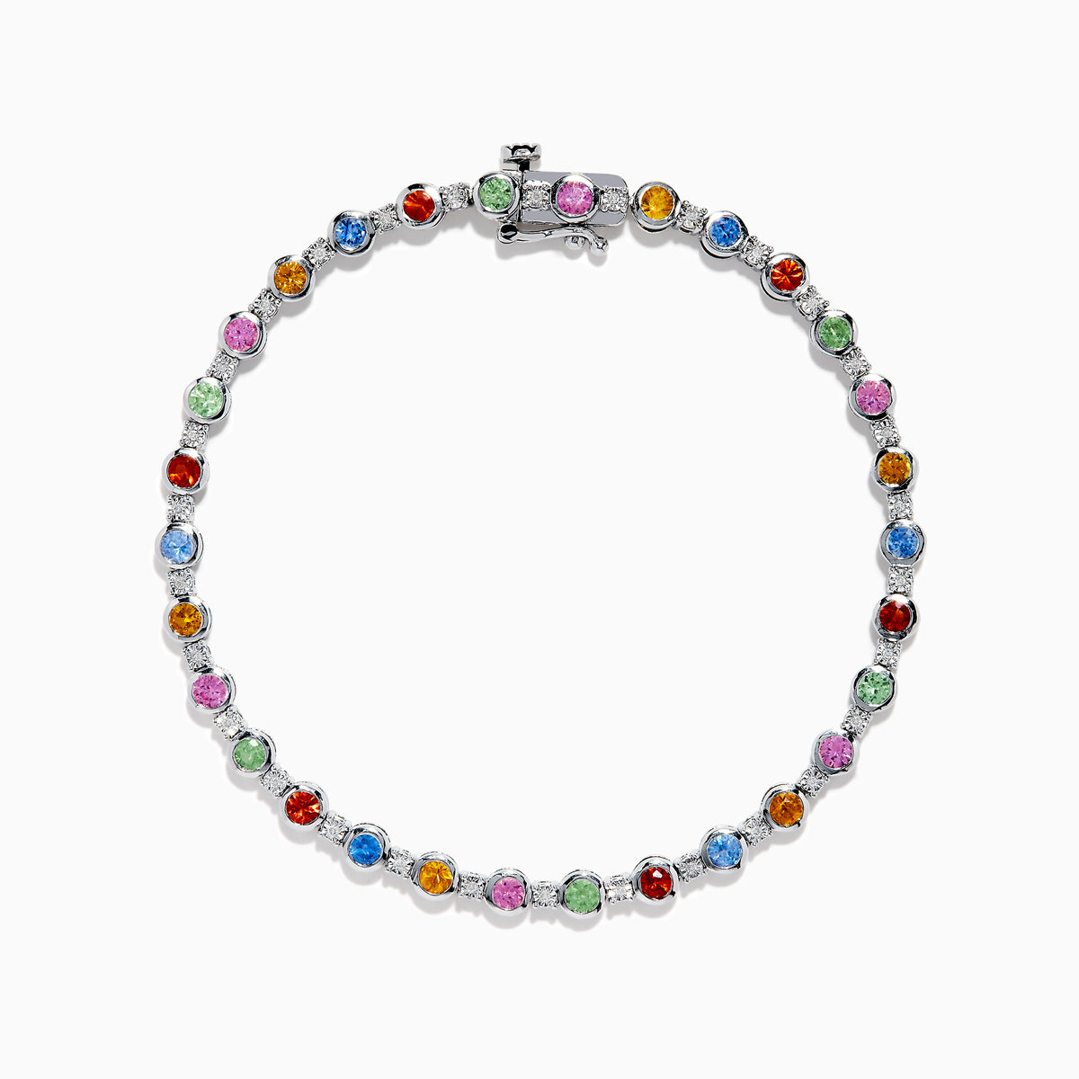 The 925 Sterling Silver Multi Sapphire and Diamond Bezel Bracelet features round, bezel-set multicolored sapphires and diamonds evenly spaced along the band, shown on a white background.