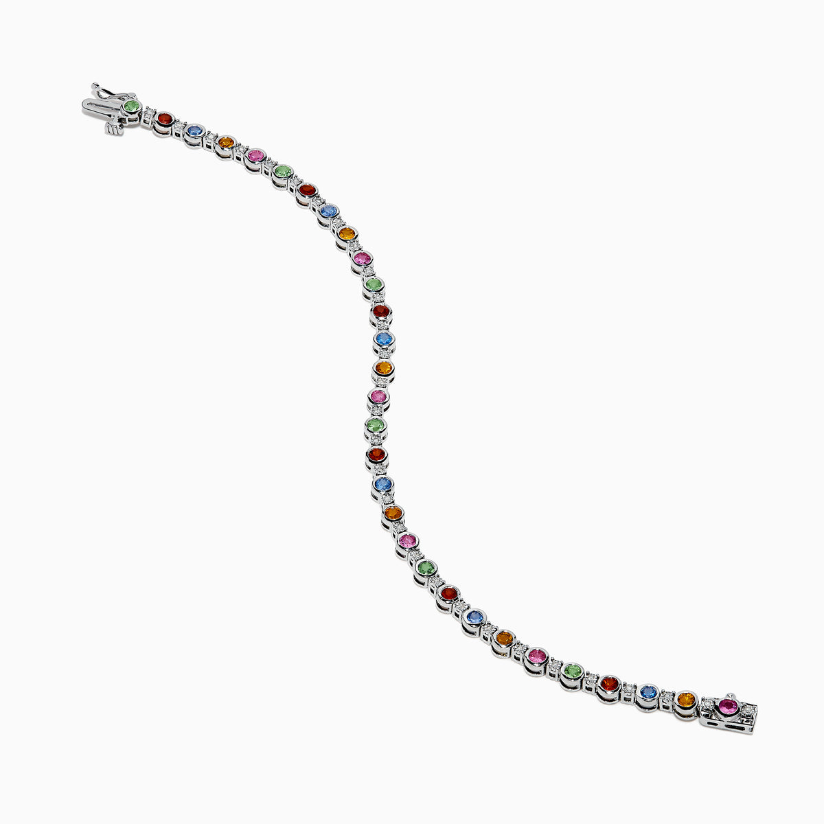 The 925 Sterling Silver Multi Sapphire and Diamond Bezel Bracelet features round, bezel-set multicolored sapphires and diamonds evenly spaced along the band, shown on a white background.