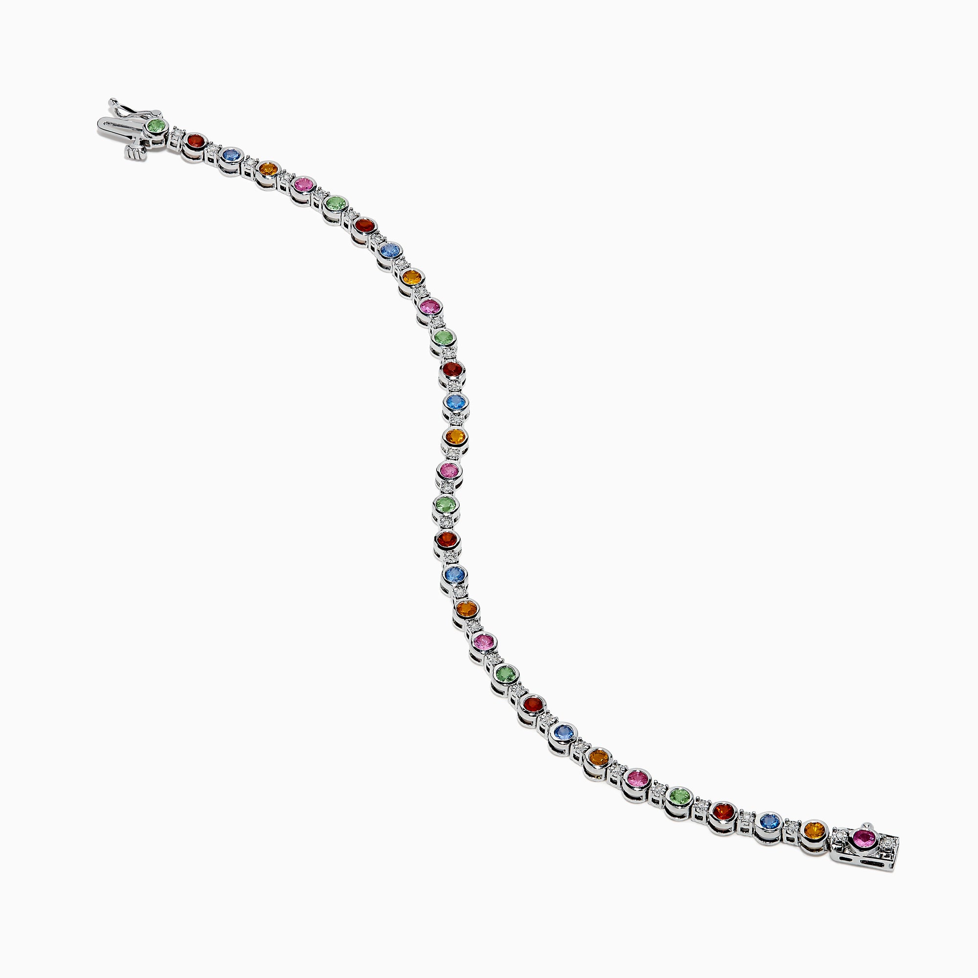 The 925 Sterling Silver Multi Sapphire and Diamond Bezel Bracelet features round, bezel-set multicolored sapphires and diamonds evenly spaced along the band, shown on a white background.