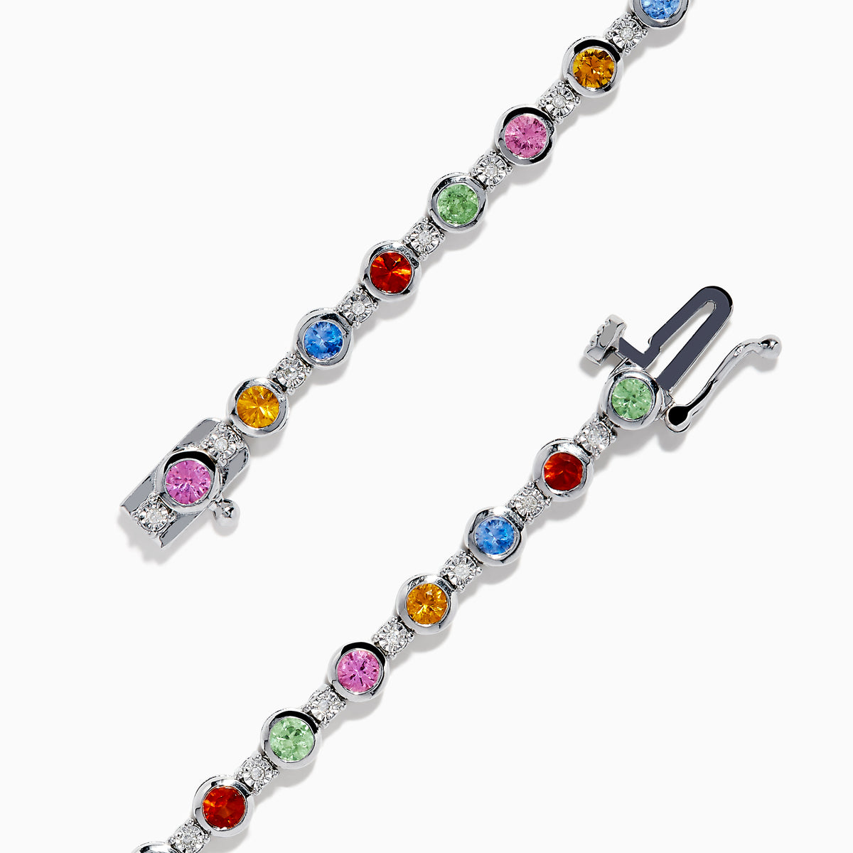 The 925 Sterling Silver Multi Sapphire and Diamond Bezel Bracelet features round, bezel-set multicolored sapphires and diamonds evenly spaced along the band, shown on a white background.