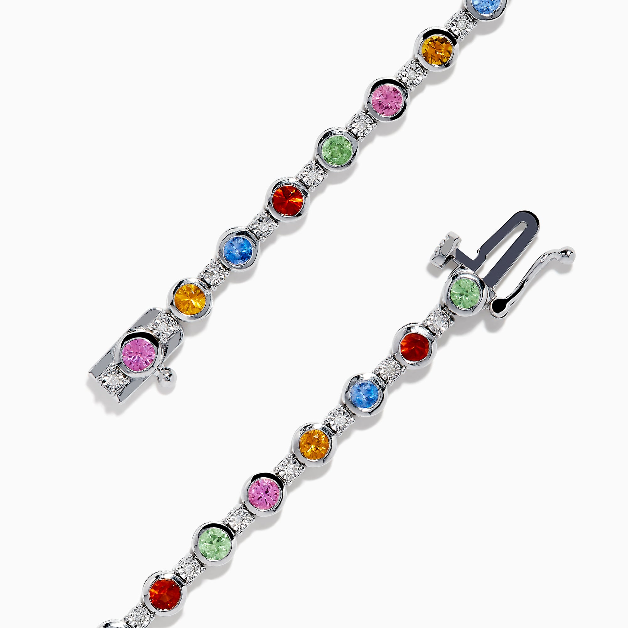 The 925 Sterling Silver Multi Sapphire and Diamond Bezel Bracelet features round, bezel-set multicolored sapphires and diamonds evenly spaced along the band, shown on a white background.