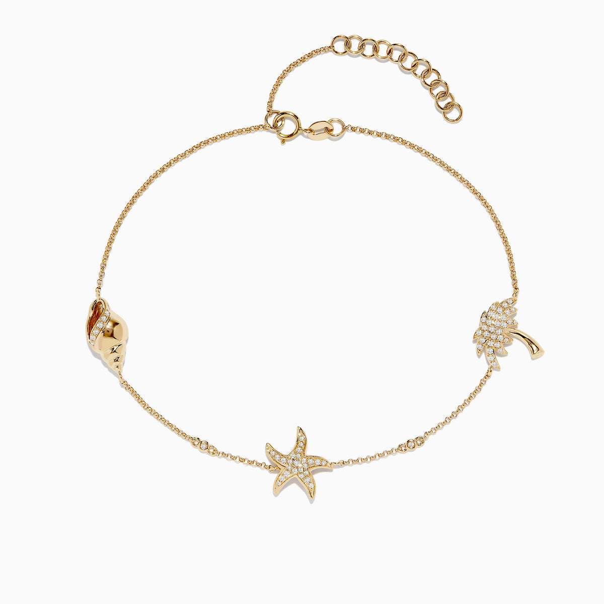 Delicate Novelty 14K Yellow Gold Diamond Seaside Ankle Bracelet features a shell, a starfish with small stones, and a palm tree charm, displayed on a white background. A charming piece from Effy Novelty.