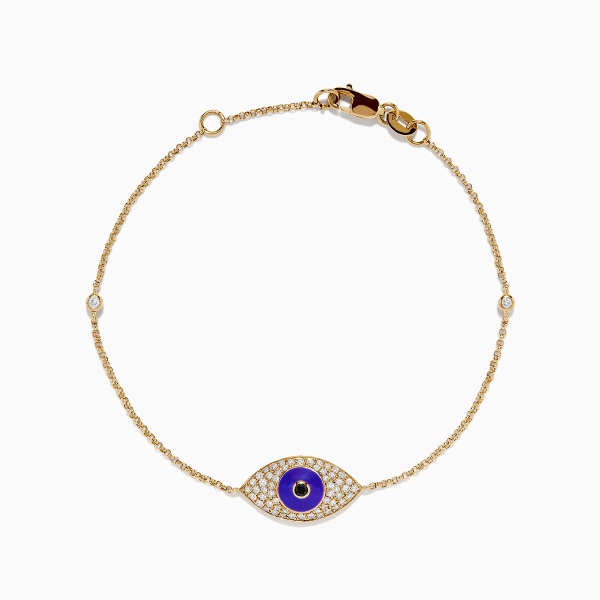 Elegant 14K yellow gold bracelet featuring a purple enamel evil eye charm accented with black and white diamonds—an eye-catching novelty piece perfect for everyday protection.
