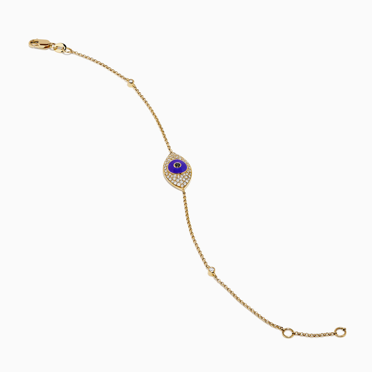 Elegant 14K yellow gold bracelet featuring a purple enamel evil eye charm accented with black and white diamonds—an eye-catching novelty piece perfect for everyday protection.