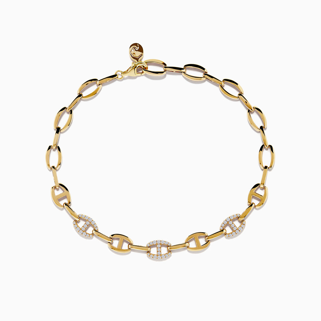 The Doro 14K Yellow Gold Anchor Chain Diamond Bracelet features oval links, some set with sparkling diamonds totaling 0.27 TCW, and is shown on a white background.