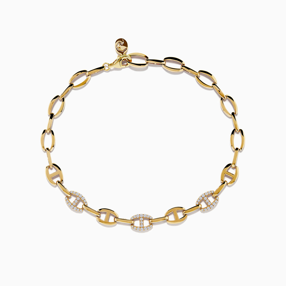 The Doro 14K Yellow Gold Anchor Chain Diamond Bracelet features oval links, some set with sparkling diamonds totaling 0.27 TCW, and is shown on a white background.