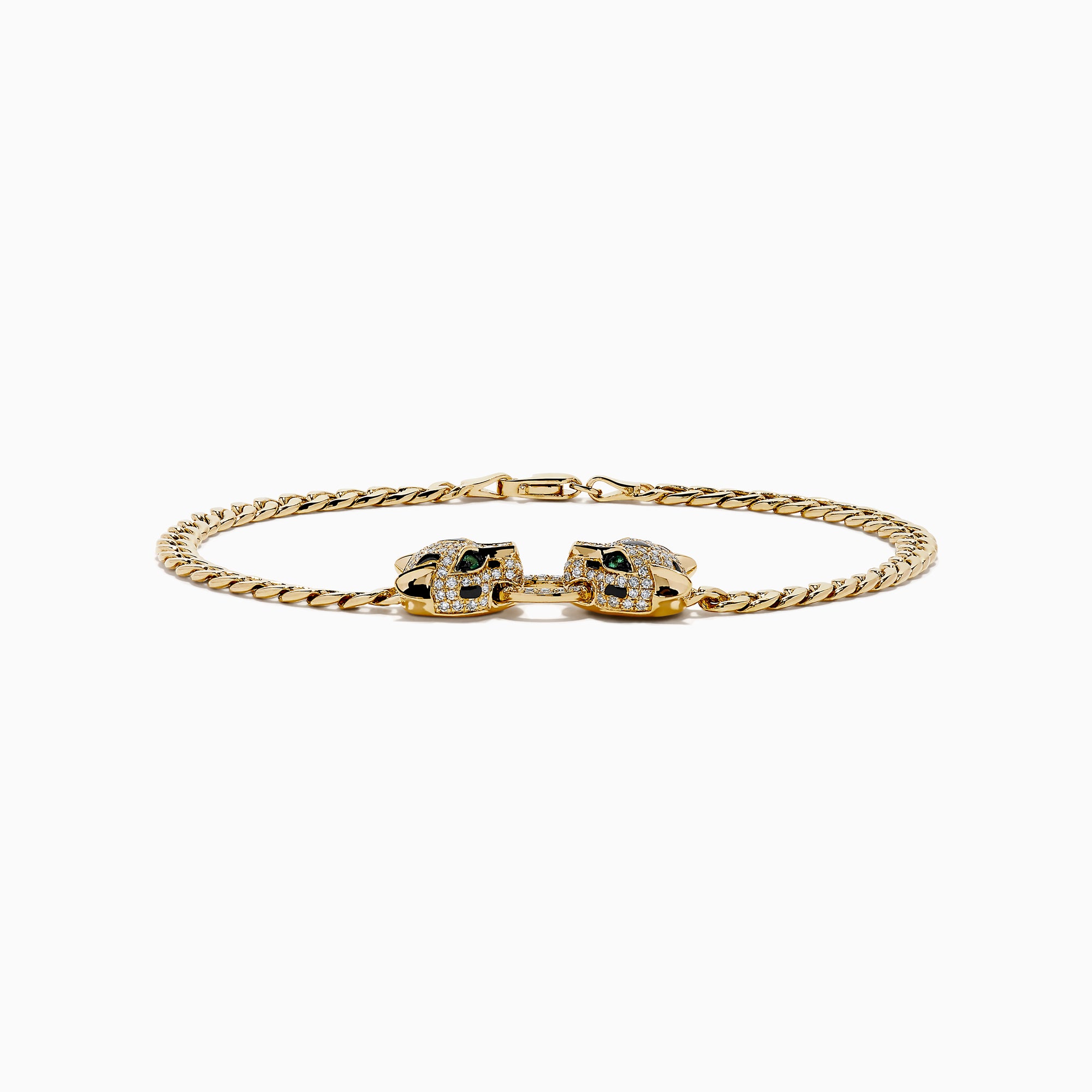 The Signature 14K Yellow Gold Diamond Panther Cuban Chain Bracelet features two opposing panther head clasps with small white and green gemstones, joined by a circular link, shown on a white background.
