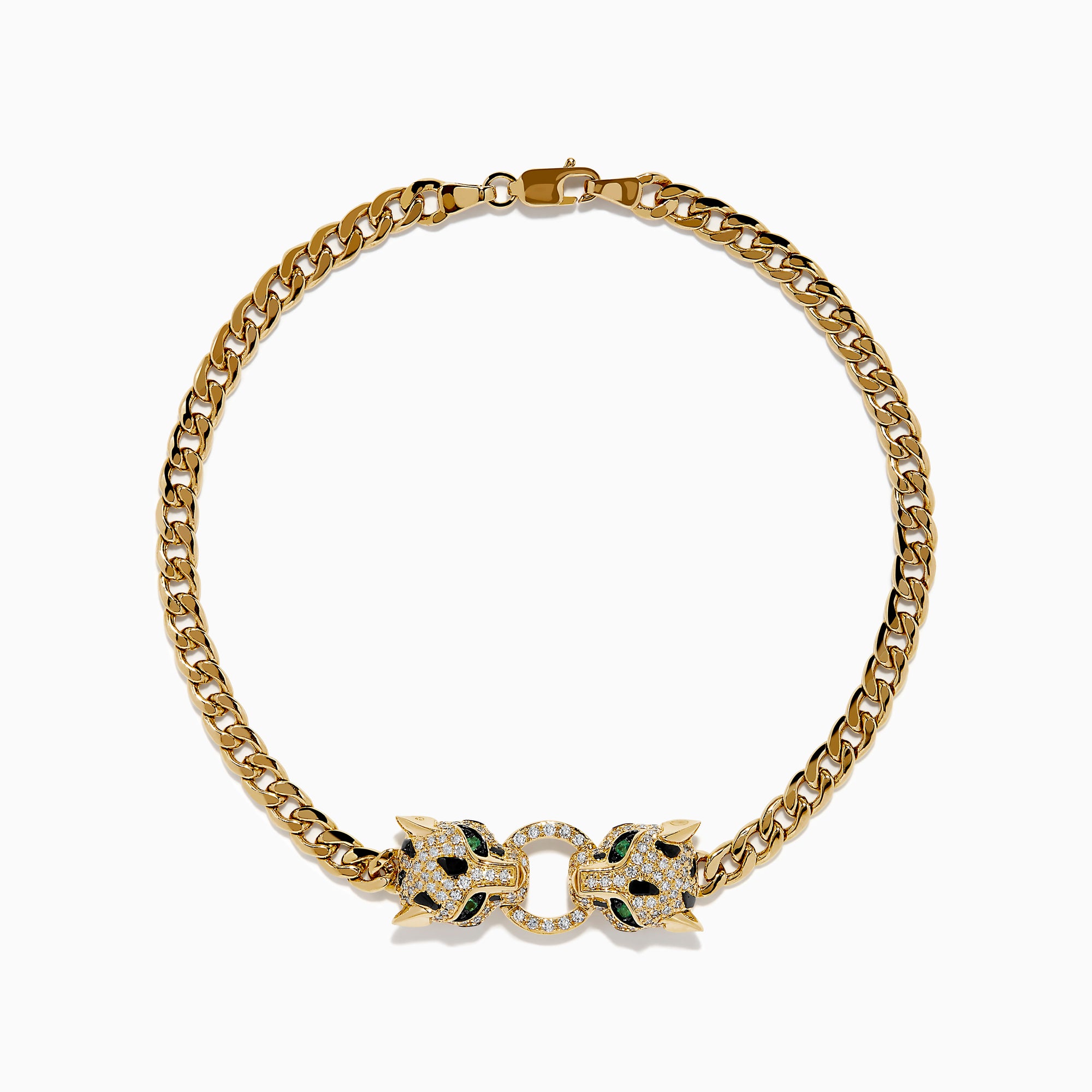 The Signature 14K Yellow Gold Diamond Panther Cuban Chain Bracelet features two opposing panther head clasps with small white and green gemstones, joined by a circular link, shown on a white background.