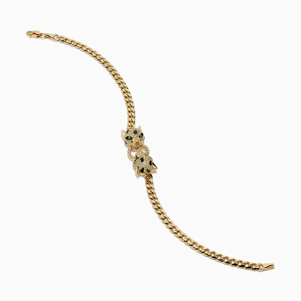 The Signature 14K Yellow Gold Diamond Panther Cuban Chain Bracelet features two opposing panther head clasps with small white and green gemstones, joined by a circular link, shown on a white background.