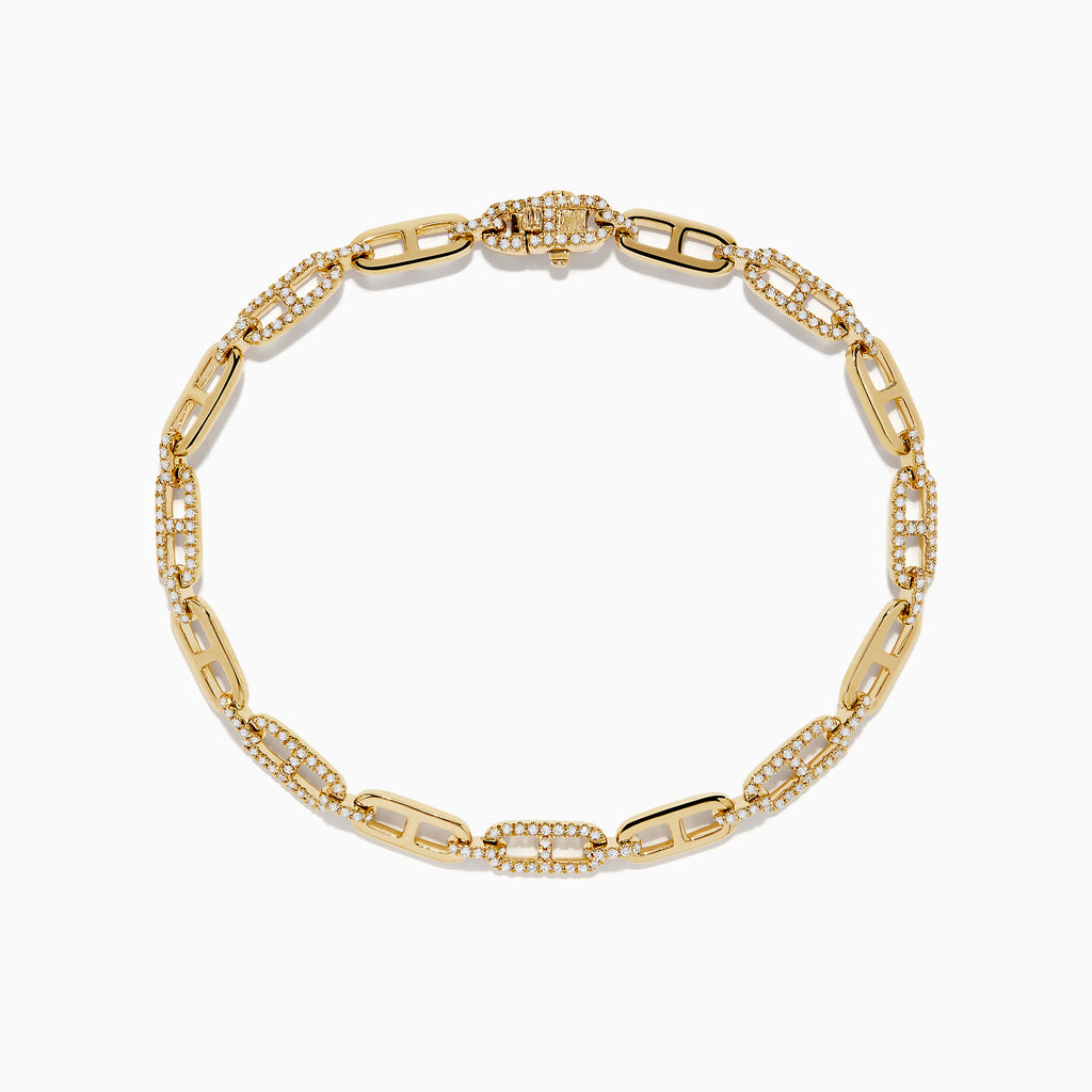 The DOro 14K Yellow Gold Chain Link Diamond Bracelet features oval links with alternating plain and diamond-encrusted segments, totaling 0.94 carat weight.