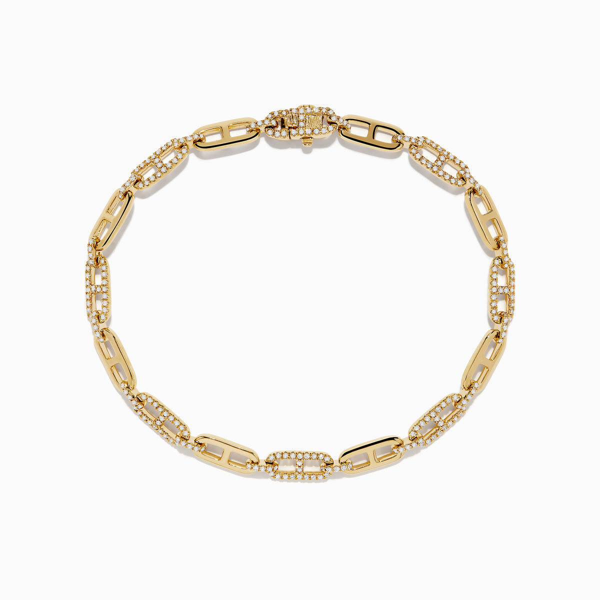 The DOro 14K Yellow Gold Chain Link Diamond Bracelet features oval links with alternating plain and diamond-encrusted segments, totaling 0.94 carat weight.