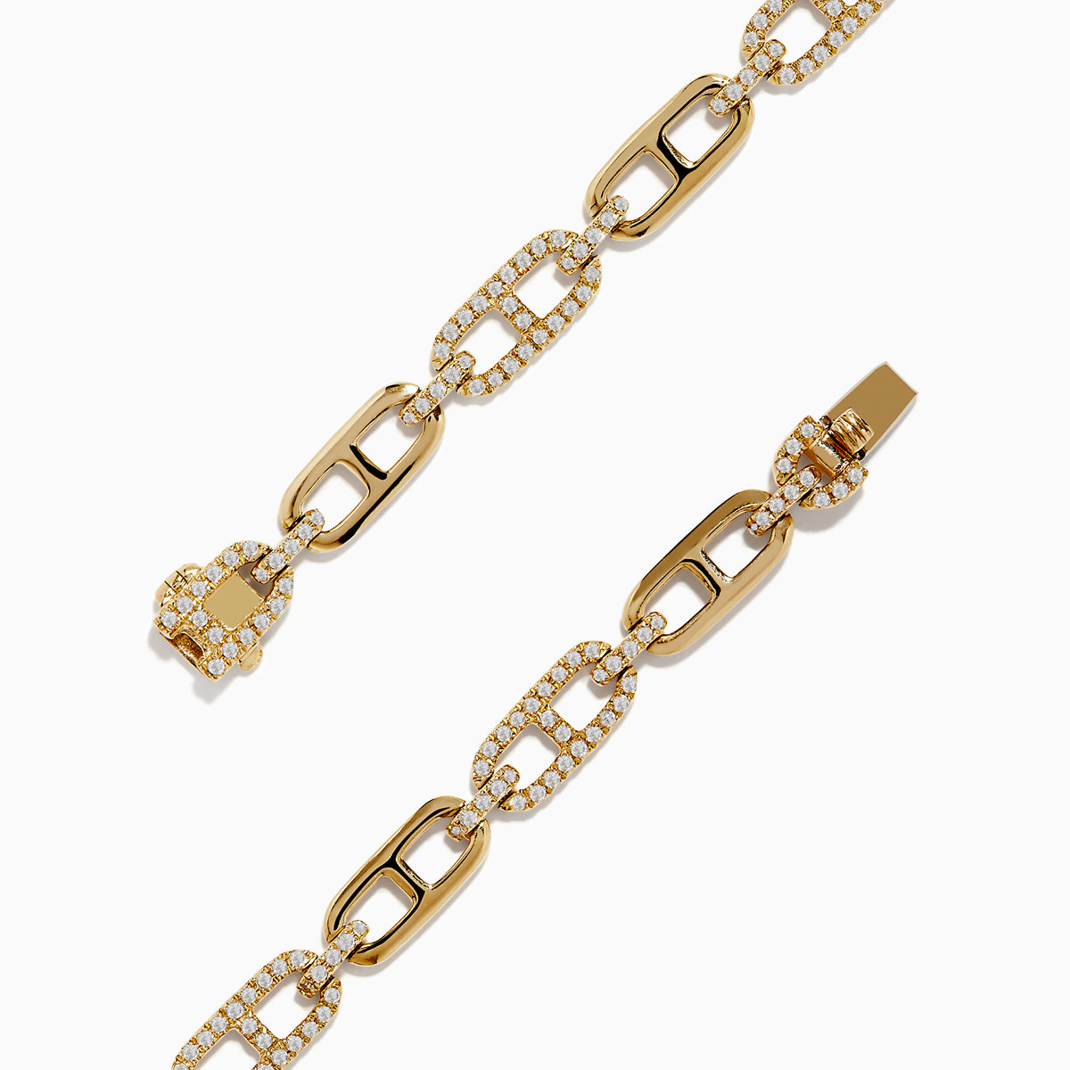 The DOro 14K Yellow Gold Chain Link Diamond Bracelet features oval links with alternating plain and diamond-encrusted segments, totaling 0.94 carat weight.