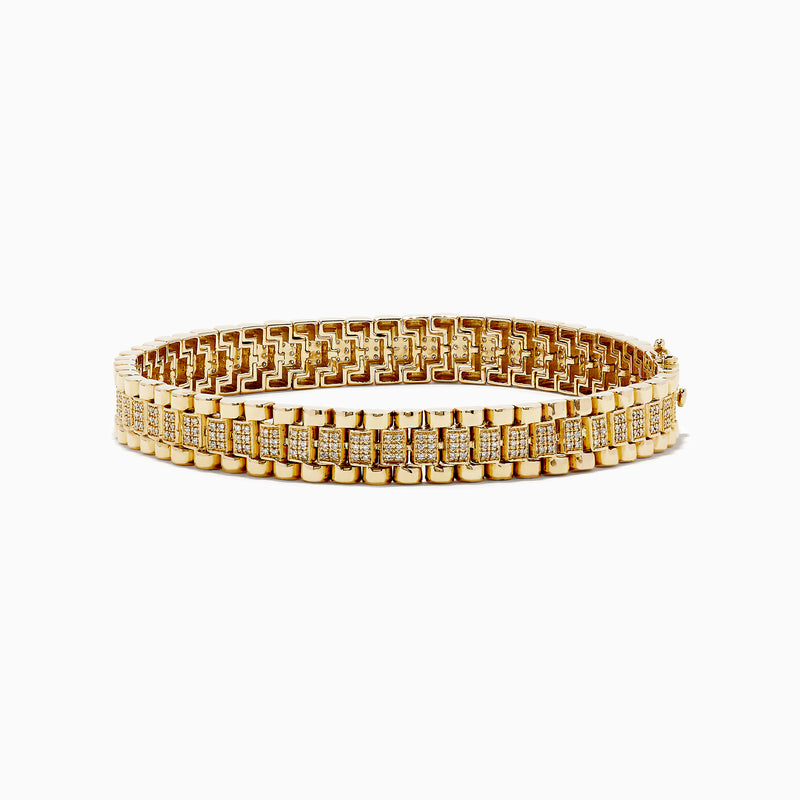 The Mens 14K Yellow Gold Diamond Chain Link Bracelet features a geometric design with two rows of diamonds set in rectangular segments and a polished, luxurious finish.