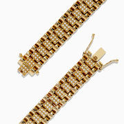 The Mens 14K Yellow Gold Diamond Chain Link Bracelet features a geometric design with two rows of diamonds set in rectangular segments and a polished, luxurious finish.