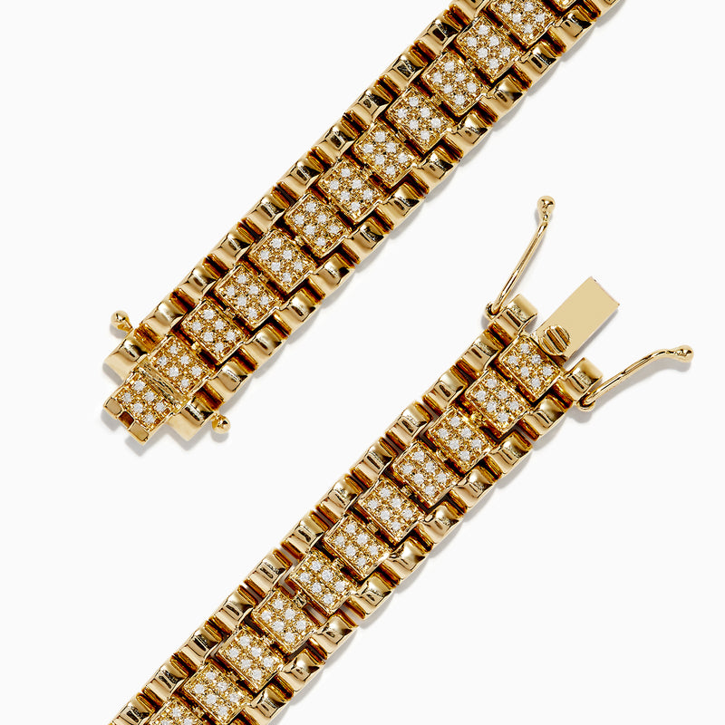 The Mens 14K Yellow Gold Diamond Chain Link Bracelet features a geometric design with two rows of diamonds set in rectangular segments and a polished, luxurious finish.