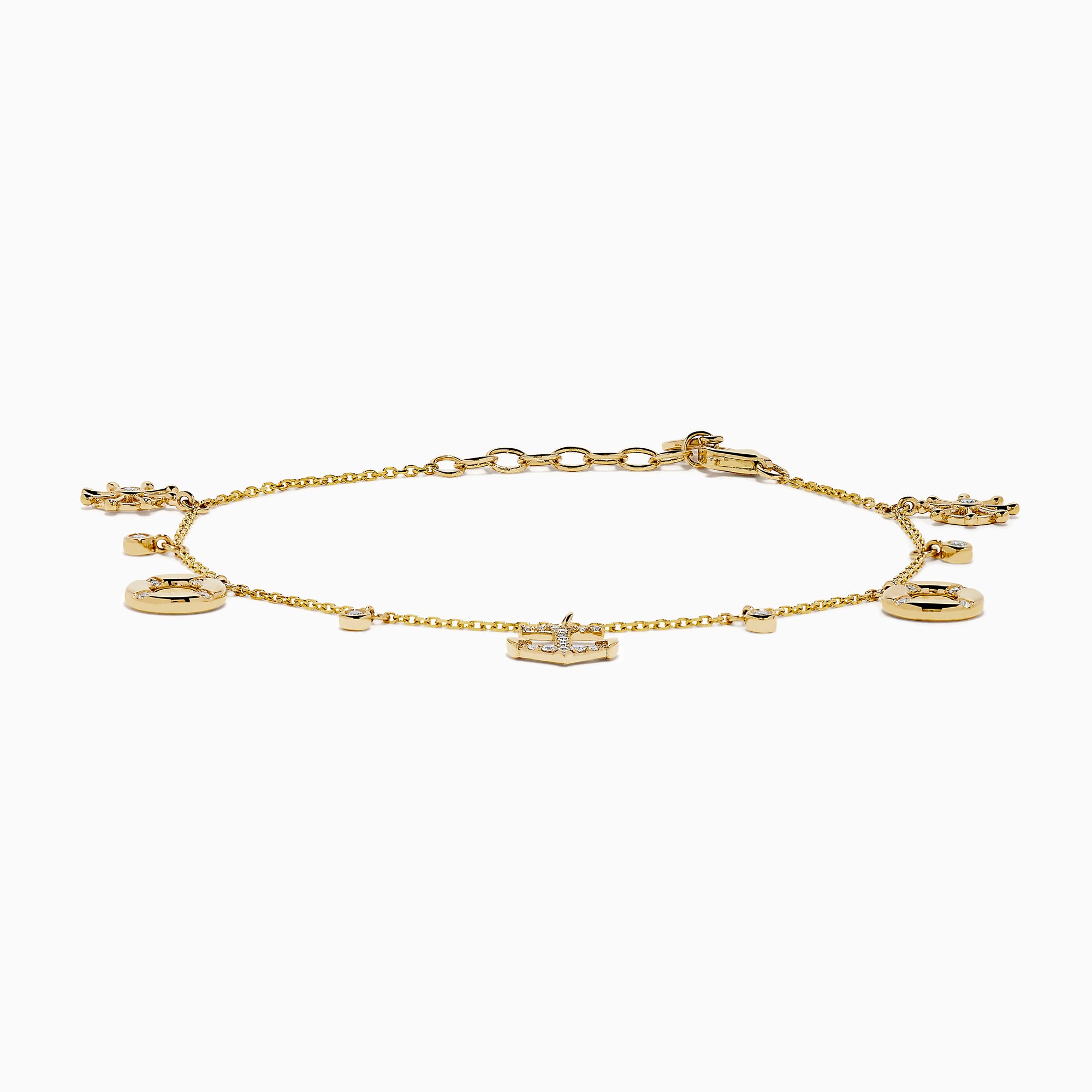 The 14K Yellow Gold Diamond Nautical Charm Bracelet features ship wheels, life rings, sparkling crystals, and a stone-adorned anchor. It includes an adjustable chain and lobster clasp for a perfect fit.