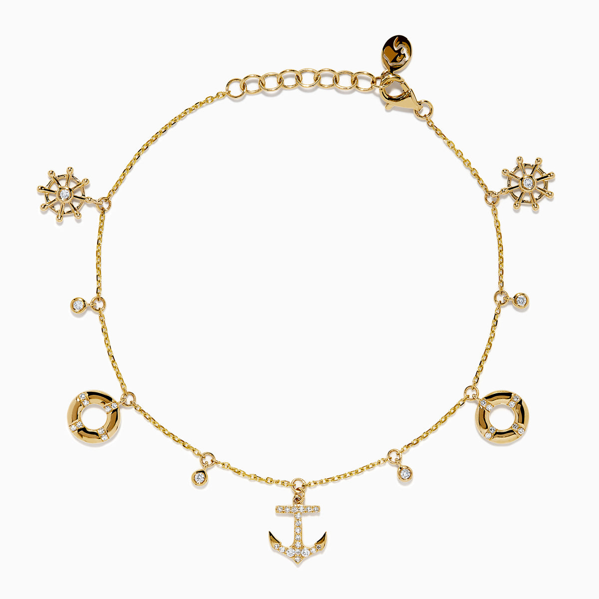 The 14K Yellow Gold Diamond Nautical Charm Bracelet features ship wheels, life rings, sparkling crystals, and a stone-adorned anchor. It includes an adjustable chain and lobster clasp for a perfect fit.