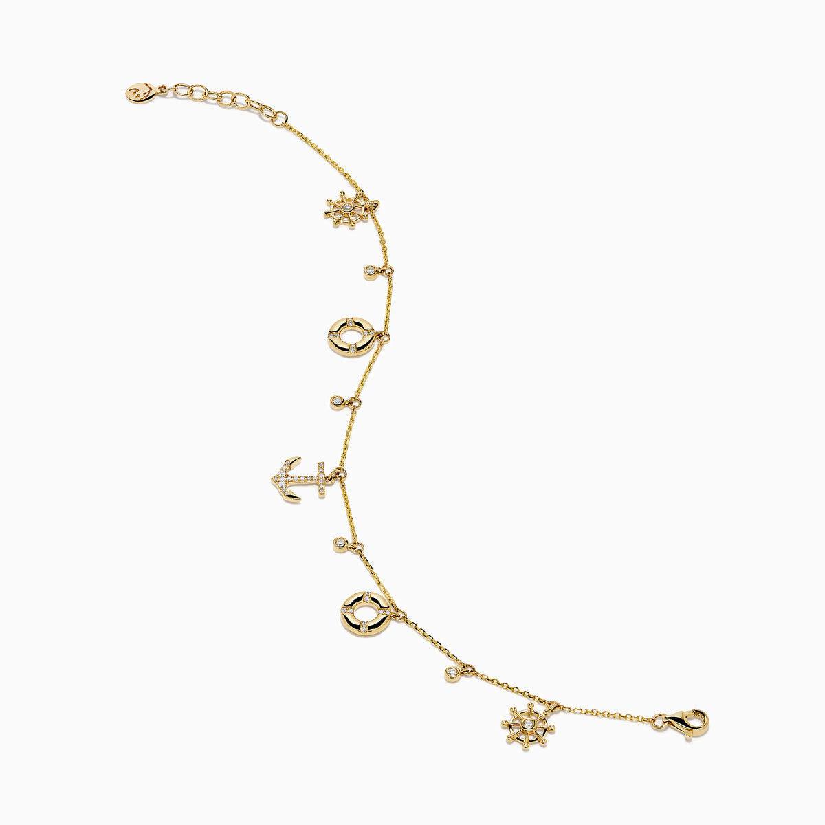 The 14K Yellow Gold Diamond Nautical Charm Bracelet features ship wheels, life rings, sparkling crystals, and a stone-adorned anchor. It includes an adjustable chain and lobster clasp for a perfect fit.