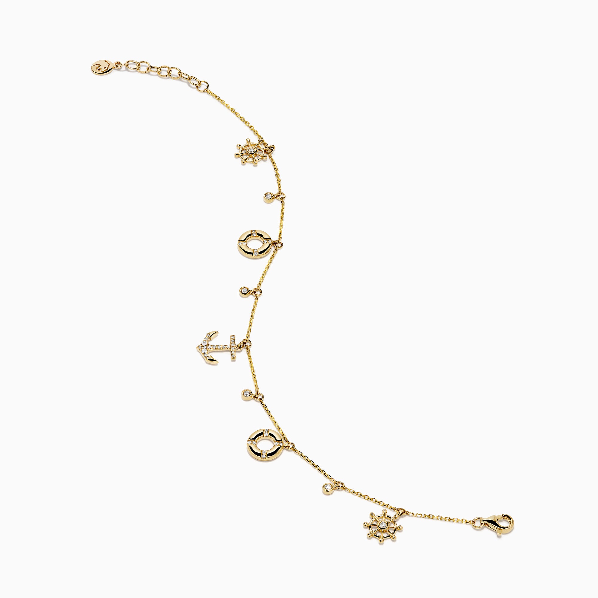 The 14K Yellow Gold Diamond Nautical Charm Bracelet features ship wheels, life rings, sparkling crystals, and a stone-adorned anchor. It includes an adjustable chain and lobster clasp for a perfect fit.