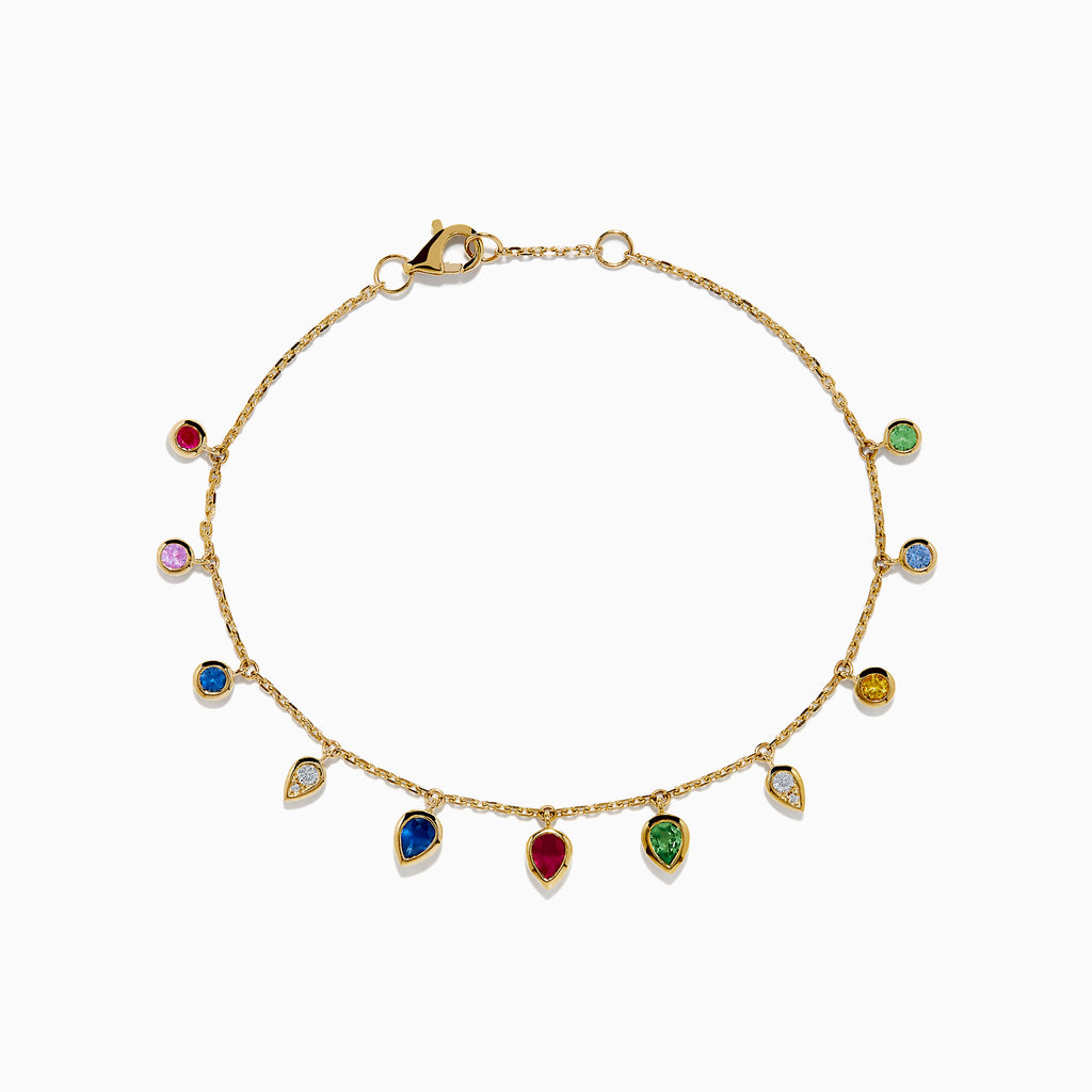 The 14K Yellow Gold Multi Sapphire Diamond Rain Drop Station Bracelet features small, vibrant sapphire charms in various shapes spaced evenly along a delicate gold chain, displayed against a white background.