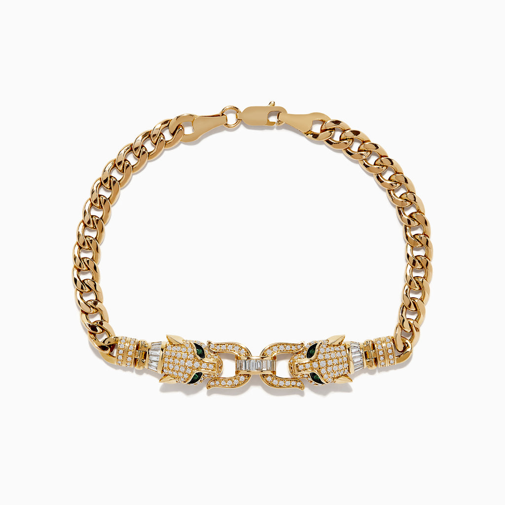 The Signature 14K Yellow Gold Diamond and Emerald Panther Bracelet showcases two panther heads with diamond accents and emerald eyes, facing each other on a gold chain, secured by a clasp.